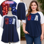 Ha6831 *แบรนด์นอก Cato* ไซส์ 26/28 เสื้อยืดสีกรมท่าตัดต่อแขนสีขาวปักเลื่อมลาย USA ตรงอกเก๋ รอบอก 58 ยืด 62 วงแขน 28 - 32 ชาย 62 - 68 ยาว 32 นิ้ว