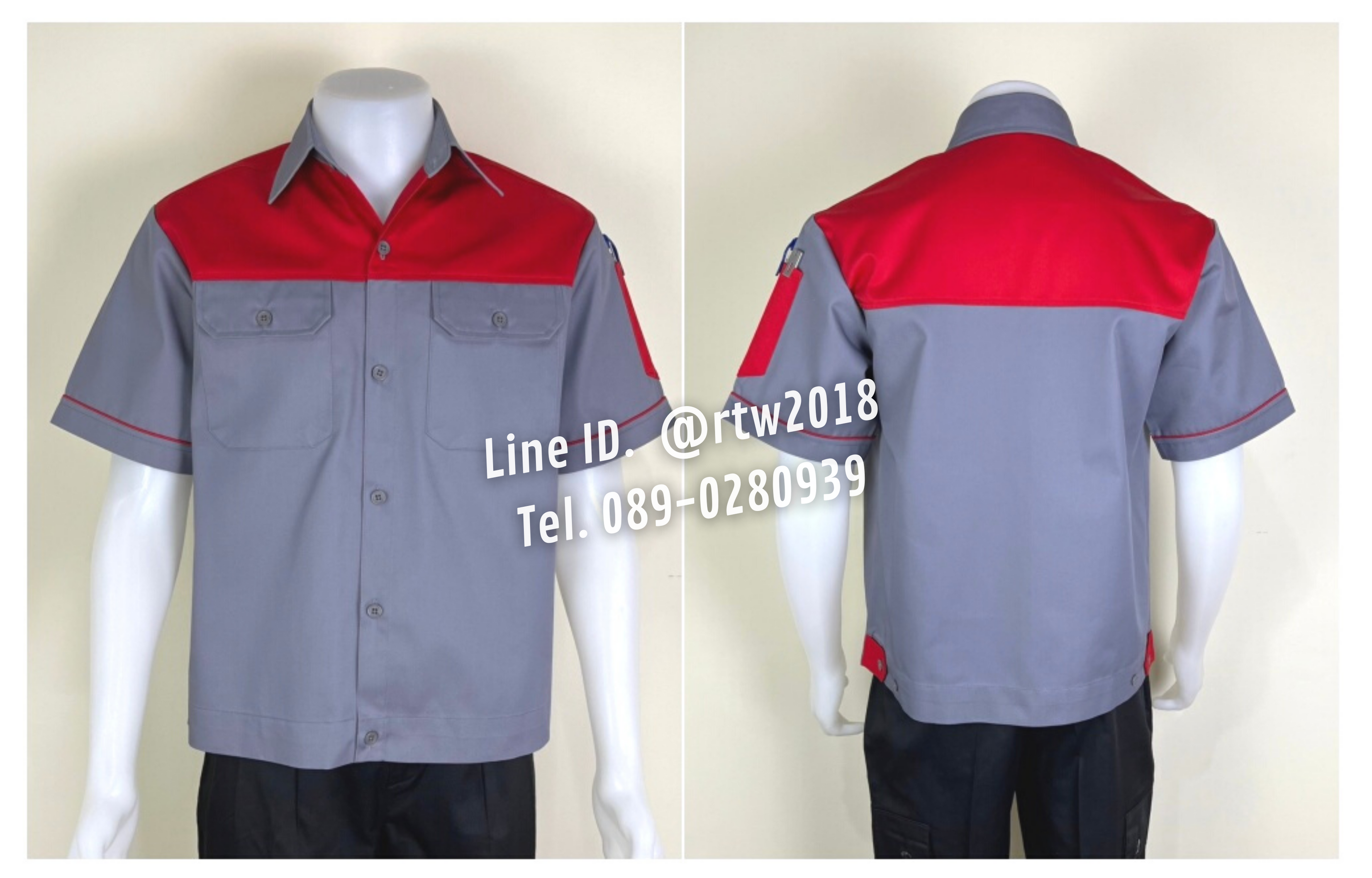 รหัส A22.6 : เสื้อช่างแขนสั้นผ้าคอมทวิวเทาอกแดง