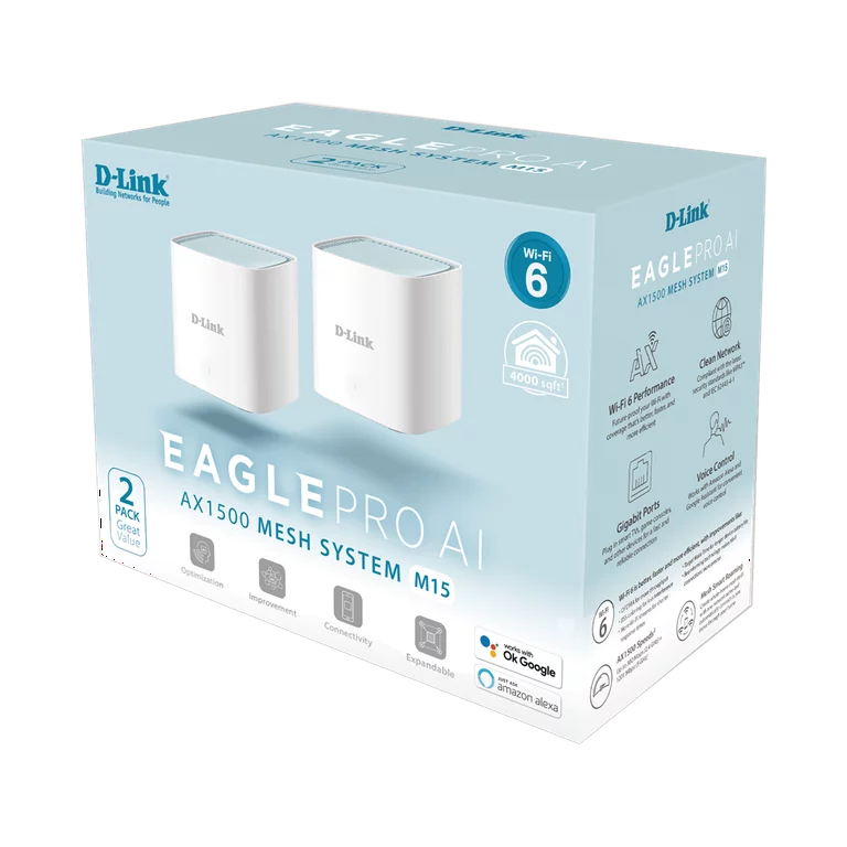 Whole-Home Mesh D-LINK (EAGLE PRO M15) Wireless AX1500 Dual Band Wi-Fi 6 (Pack 2)