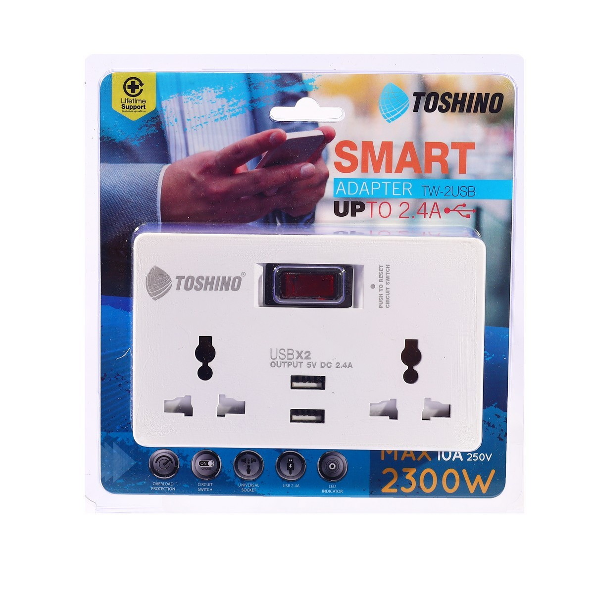 TOSHINO TW-2USB ปลั๊กแปลง 2 USB 2 ช่อง 2 ขาแบน 10A/2200W (มีฟิวส์)