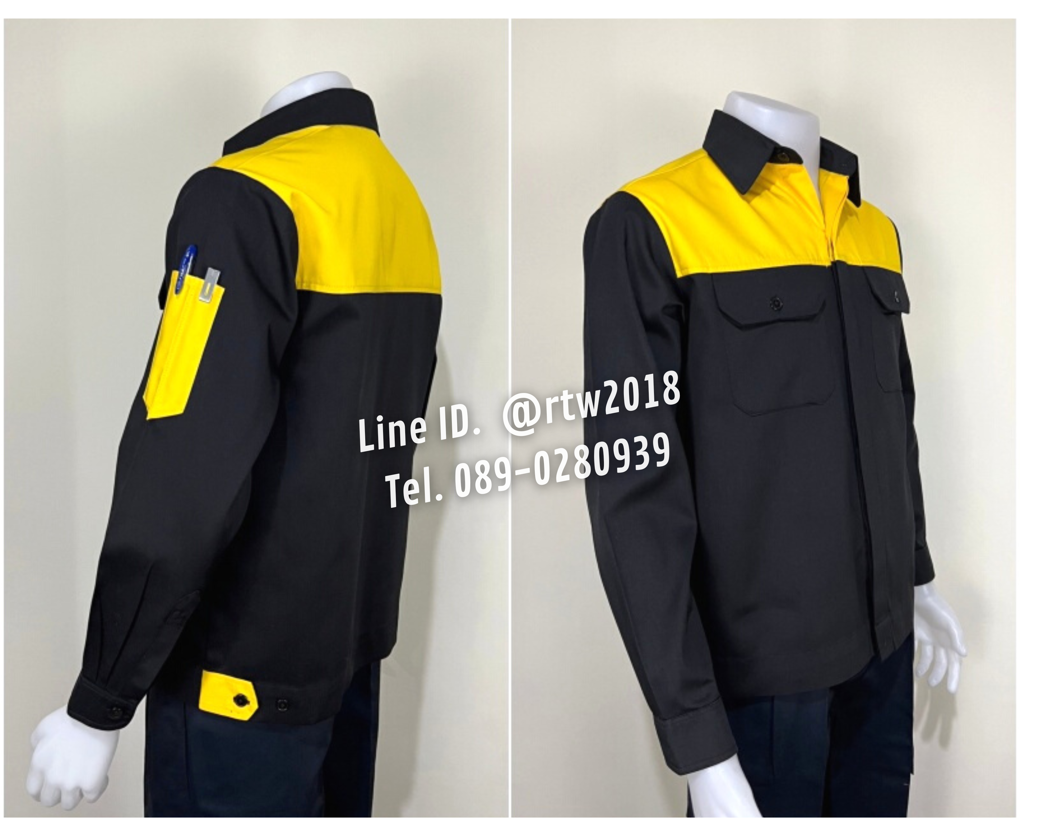 รหัส AB4.1 : เสื้อช่างแขนยาวผ้าคอมทวิวสีดำอกเหลือง (ซ่อนสาบ)