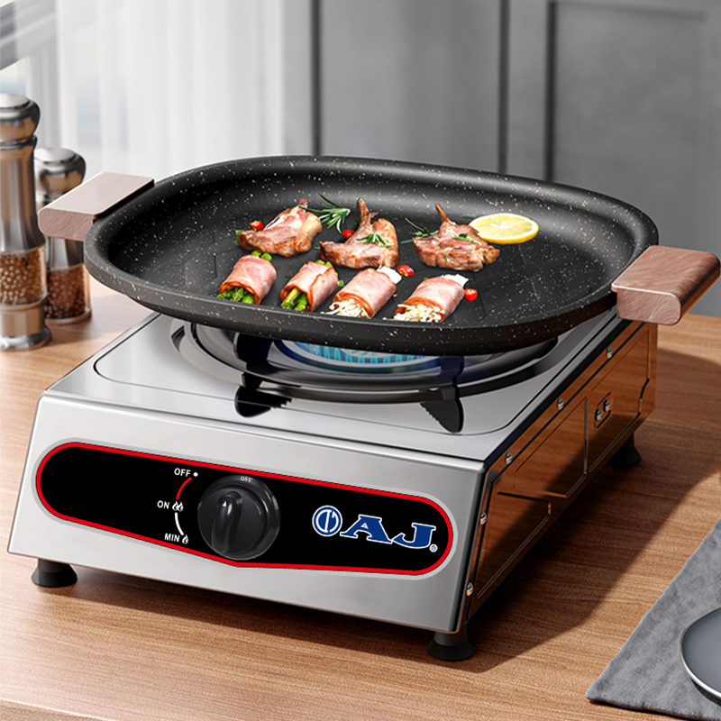 AJ เตาแก๊สสแตนเลสหัวเดี่ยว หัวฟู่ทองเหลือง รุ่น AJ-GA1H-01A โครงสร้างแข็งแรง ทำความสะอาดง่าย ไม่เป็นสนิม ประกัน 1ปี