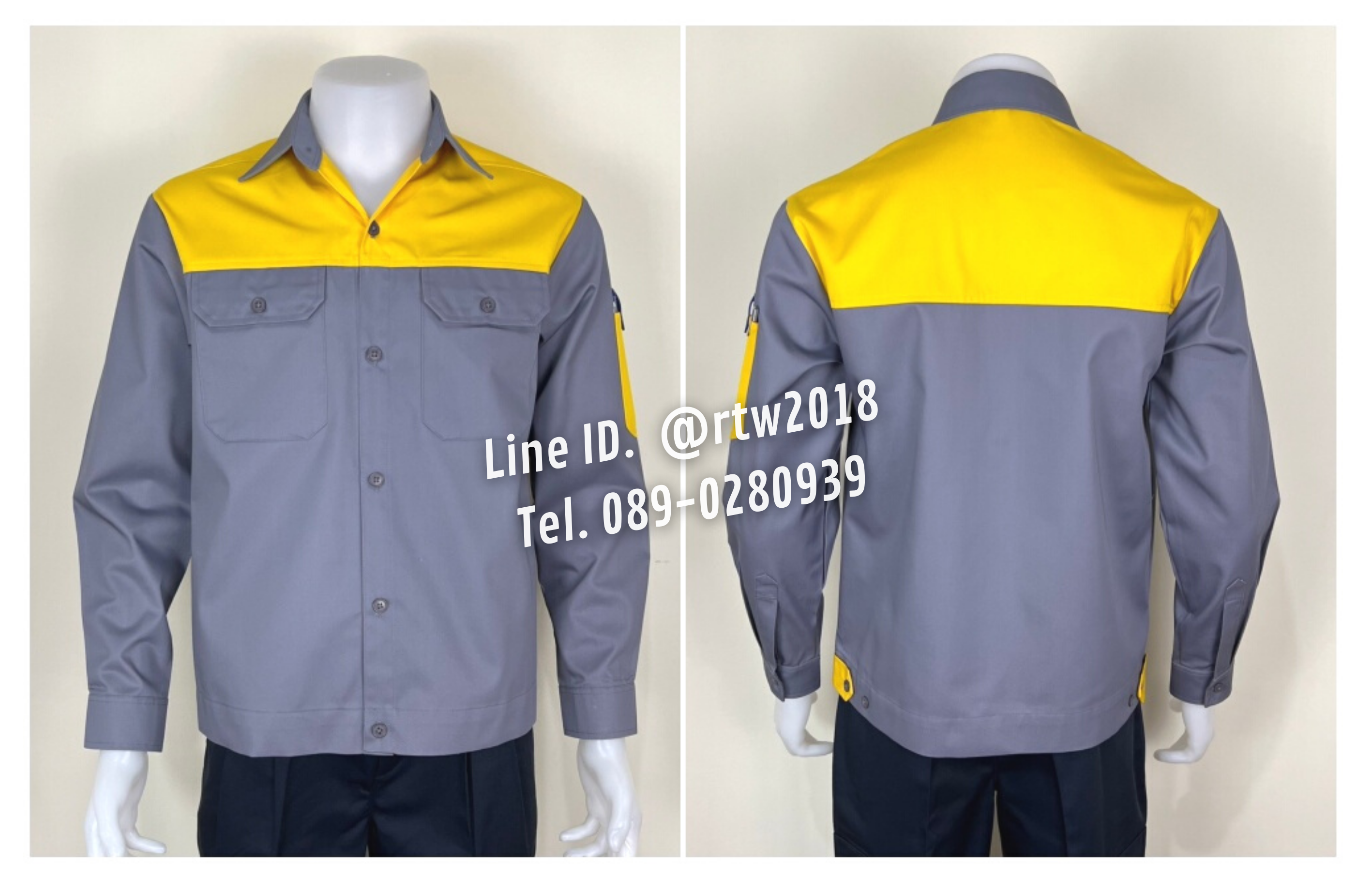 รหัส AB14.3 : เสื้อช่างแขนยาวผ้าคอมทวิวสีเทาอกเหลือง