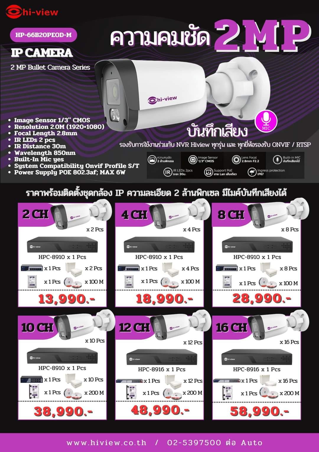 ชุดกล้องวงจรปิด IP Camera Hi-view รุ่น HP-66B20PEOD-M + NVR ความคมชัด 2 MP ครบเซ็ตพร้อมติดตั้ง