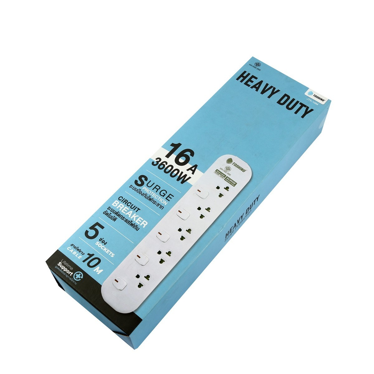TOSHINO JT5-10M ปลั๊กพ่วง 5ช่อง/ 5สวิตซ์/ 10เมตร 16A/3600W