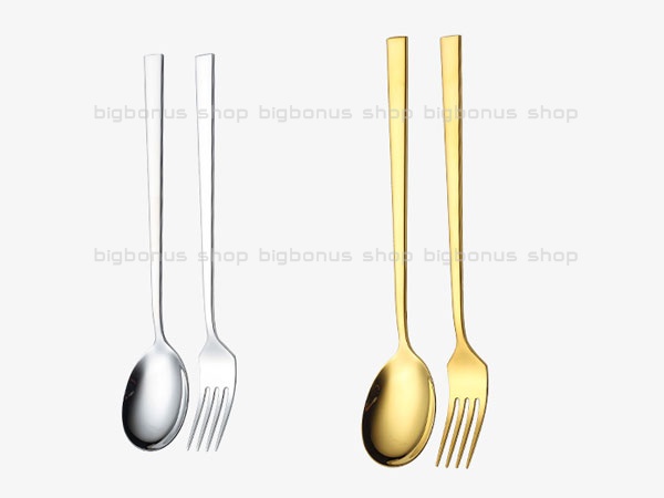 ชุดช้อนส้อมเกาหลี สแตนเลส ด้ามยาว อย่างหนา 1 คู่