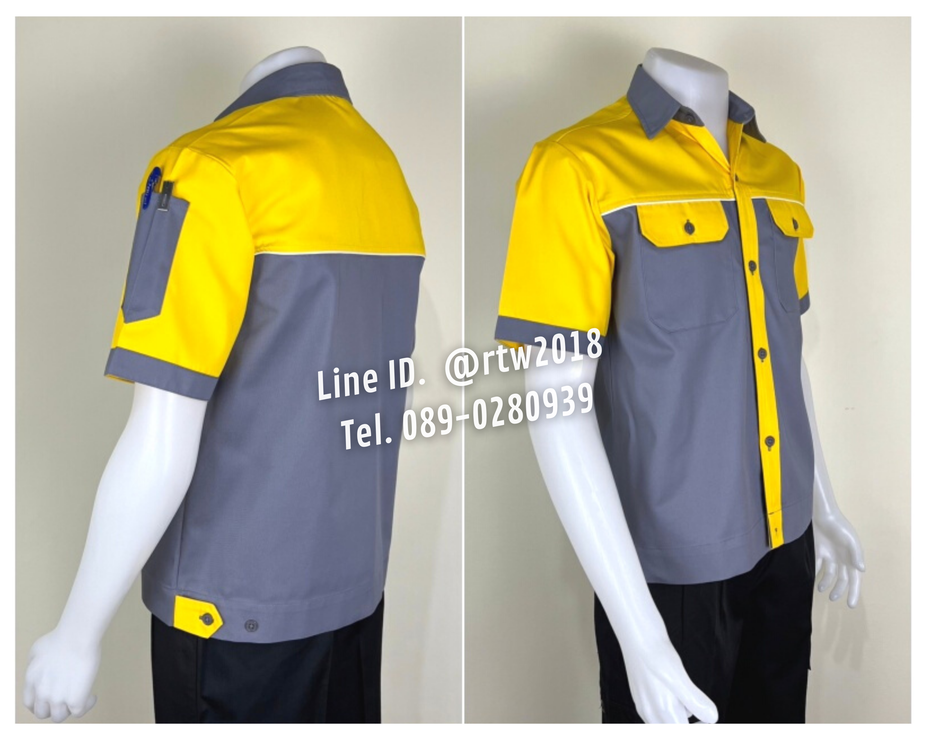 รหัส A25.1 : เสื้อช่างแขนสั้นผ้าคอมทวิวสีเทาอก+แขนเหลือง (กุ้นขาว)