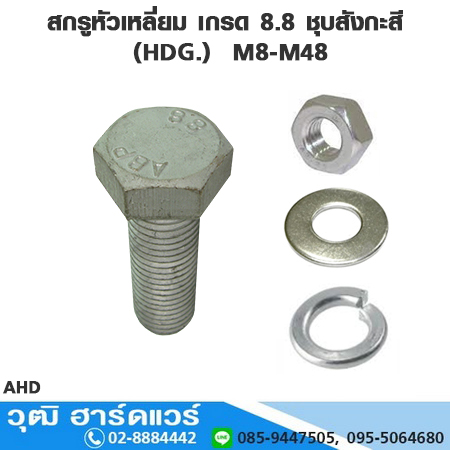 สกรูหัวเหลี่ยม เกรด 8.8 ชุบสังกะสี HOT DIP GALVANIZED (HDG.) M8-M48