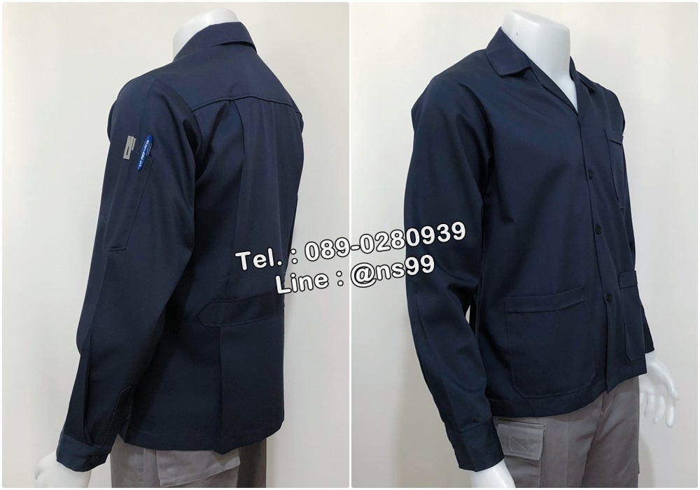 เสื้อช่างแขนยาวผ้าคอมทวิวแบบสามกระเป๋าชายเสื้อปล่อยสีกรมล้วน (รหัส A114)