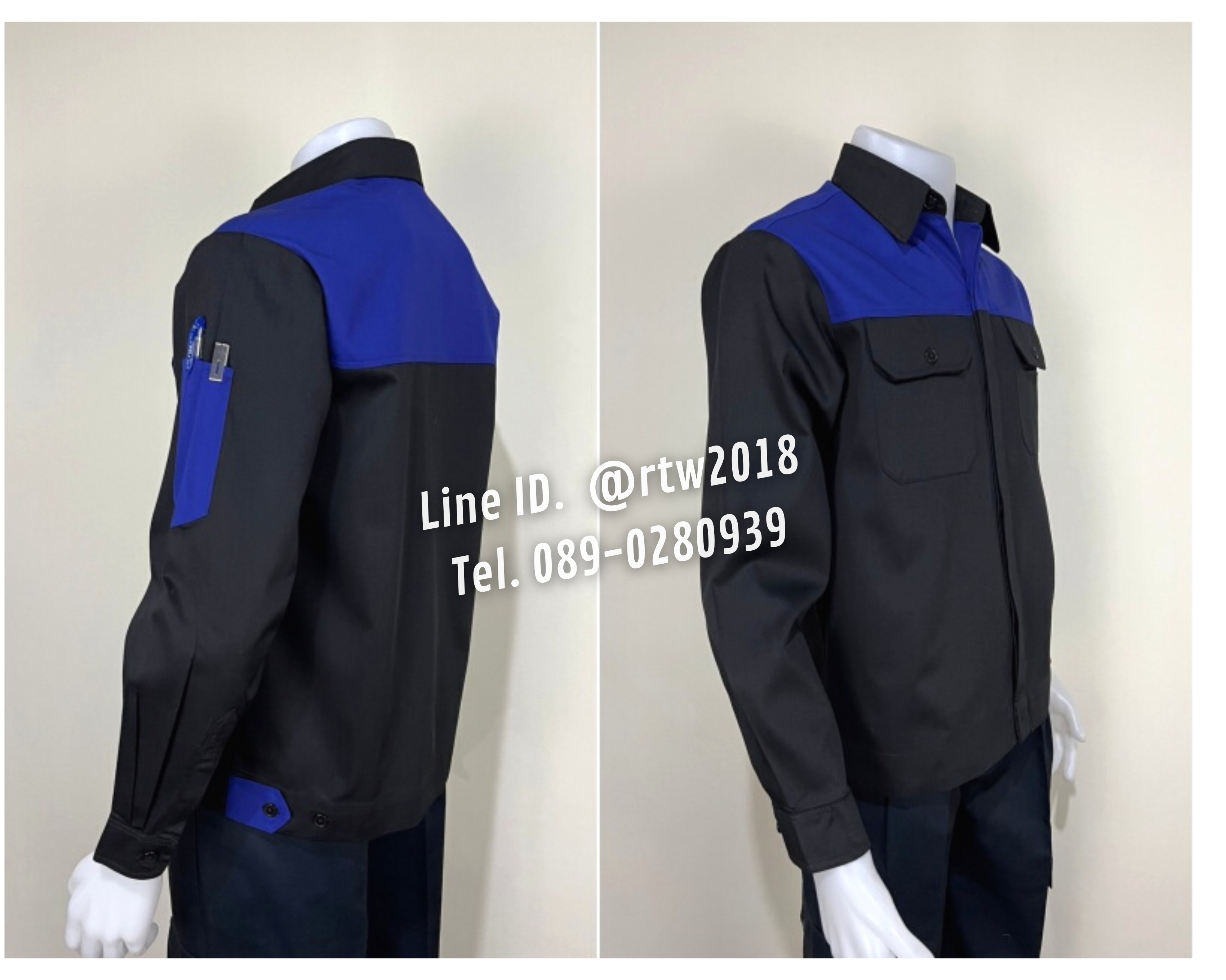 รหัส AB4.7 : เสื้อช่างแขนยาวผ้าคอมทวิวสีดำอกน้ำเงิน (ซ่อนสาบ)