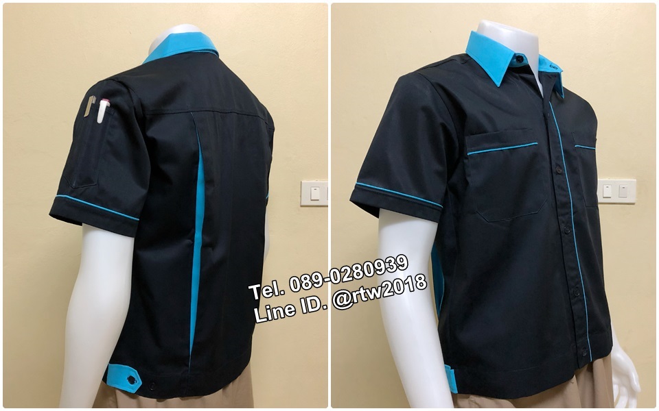 เสื้อช่างแขนสั้นแบบดำกุ้นฟ้า (รหัส A15)