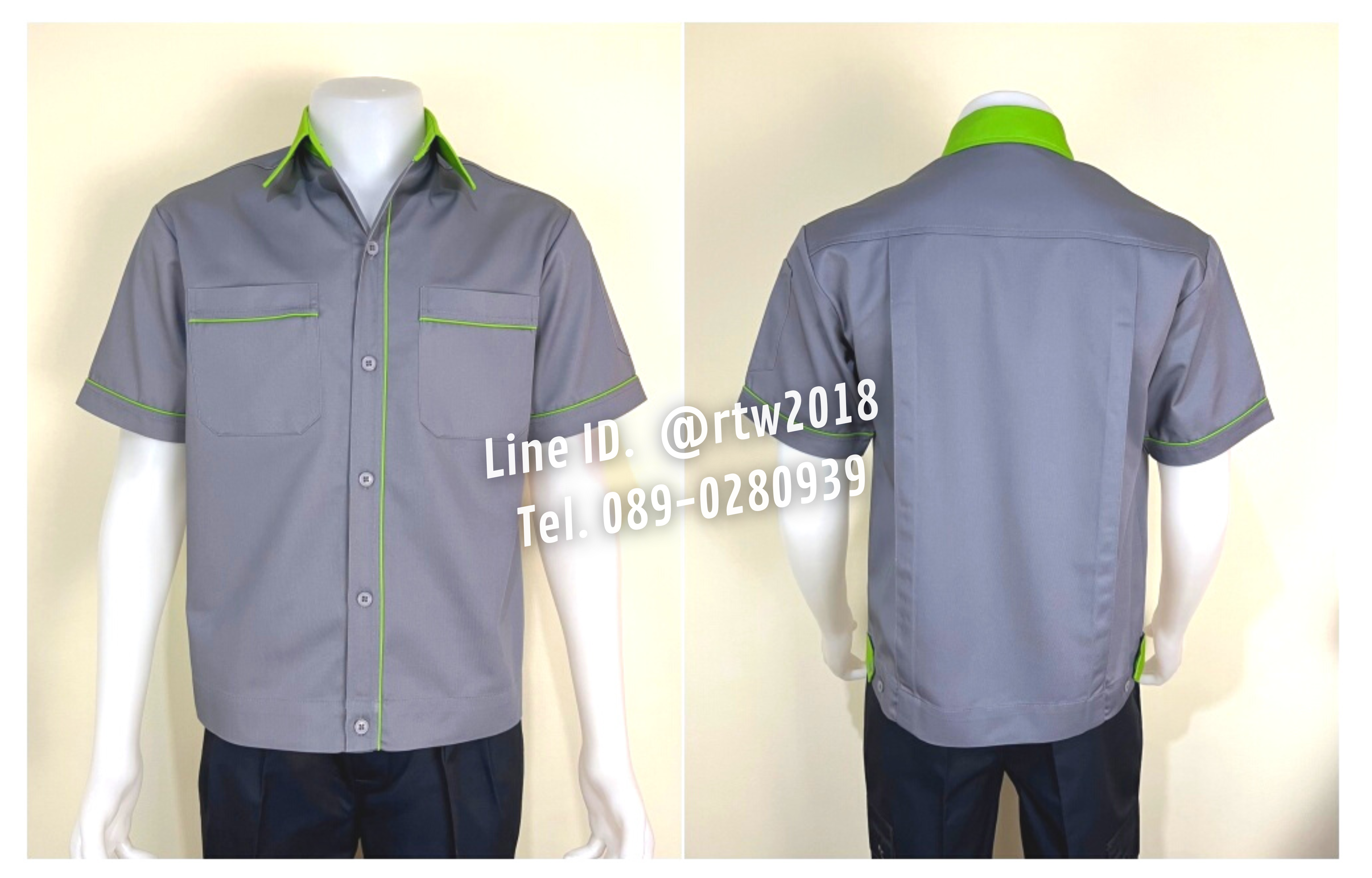 รหัส A5.7 : เสื้อช่างแขนสั้นผ้าคอมทวิวสีเทากุ้นเขียวอ่อน