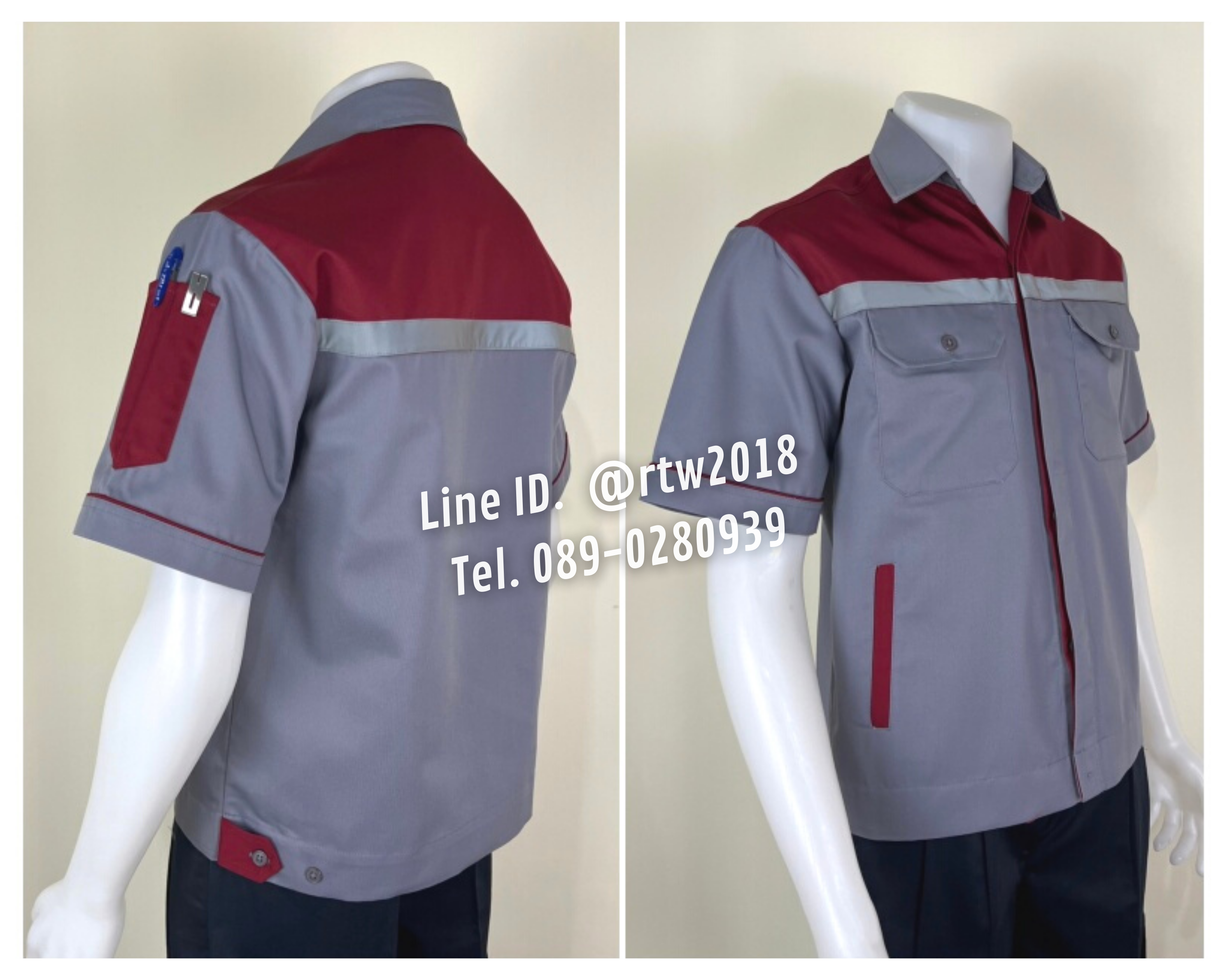 รหัส A33.1 : เสื้อช่างแขนสั้นผ้าคอมทวิว 4 กระเป๋า สีเทาอกเลือดหมู (ติดสะท้อนแสง)