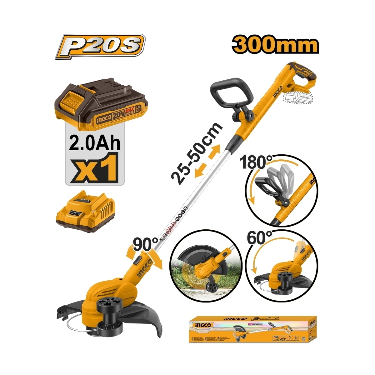 INGCO CGTLI203285 เครื่องเล็มหญ้าสายเอ็น ไร้สาย 20V แบตx1