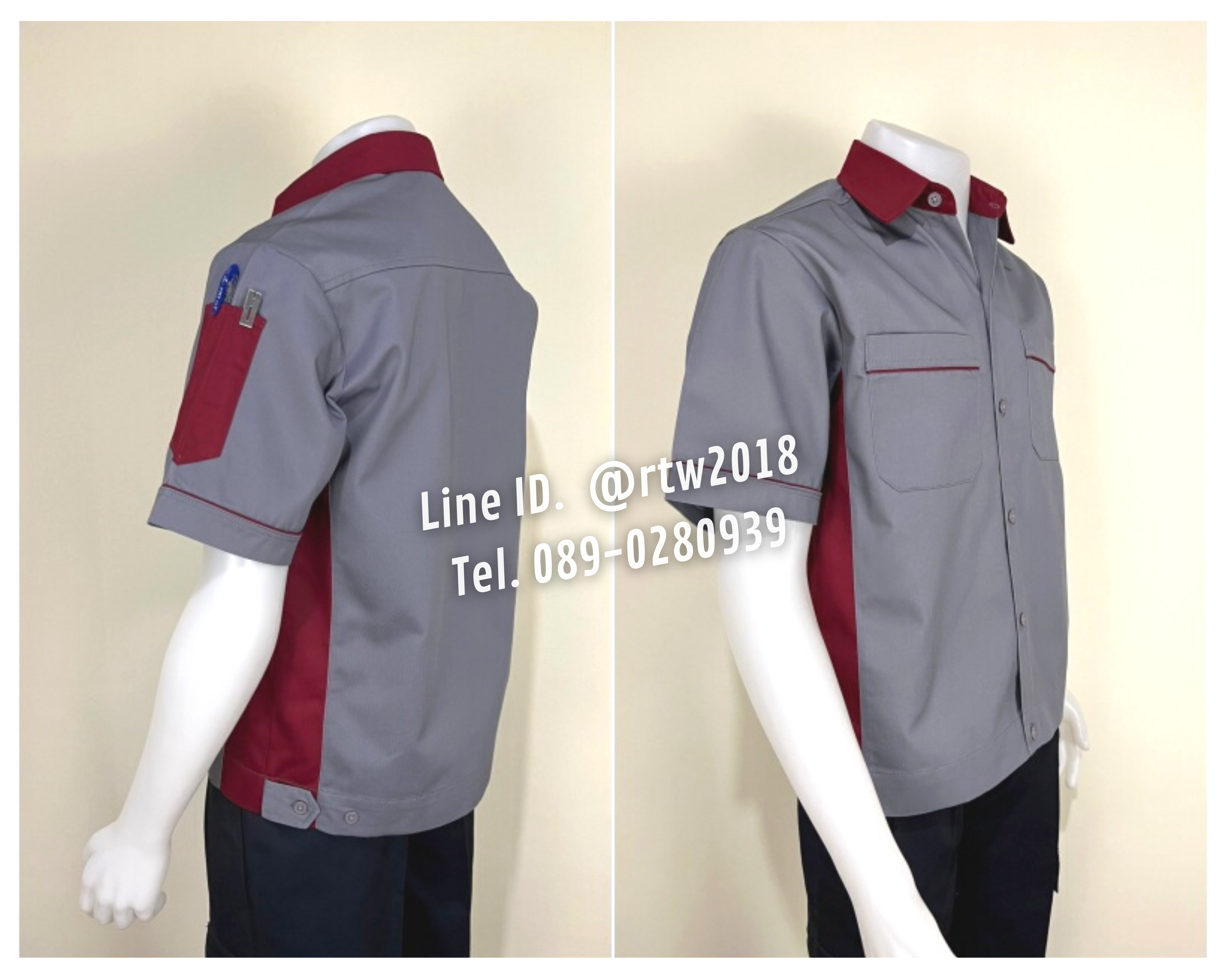 รหัส A11.12 : เสื้อช่างแขนสั้นผ้าคอมทวิวสีเทาข้างเลือดหมู
