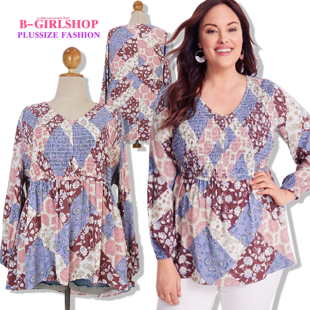 Ha3911 *แบรนด์นอก Maurices* ไซส์ 2X เสื้อสาวอวบผ้าลาย patchwork สวยเก๋ ผ้าพริ้วงานสวยน่ารัก รอบอก 50 ยืด 54 วงแขน 24 ชาย 64 ยาว 31 นิ้ว