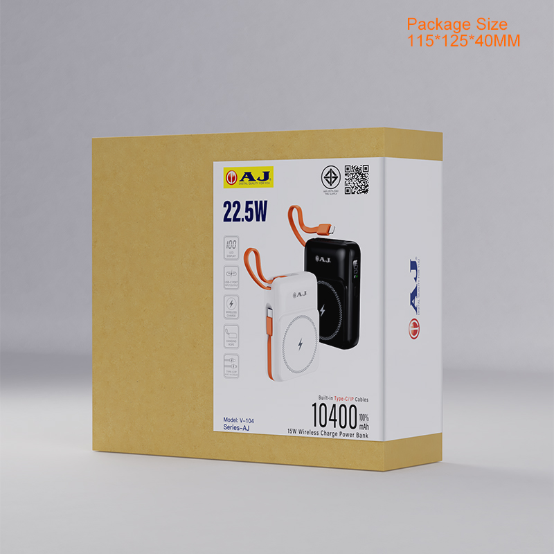 AJ พาวเวอร์เเบงค์ รุ่น V104 ความจุ 10400mAh รองรับชาร์จเร็ว PD22.5W ชาร์จไร้สายได้ มีสายชาร์จในตัว (มอก.2879-2560) ประกัน 1 ปี