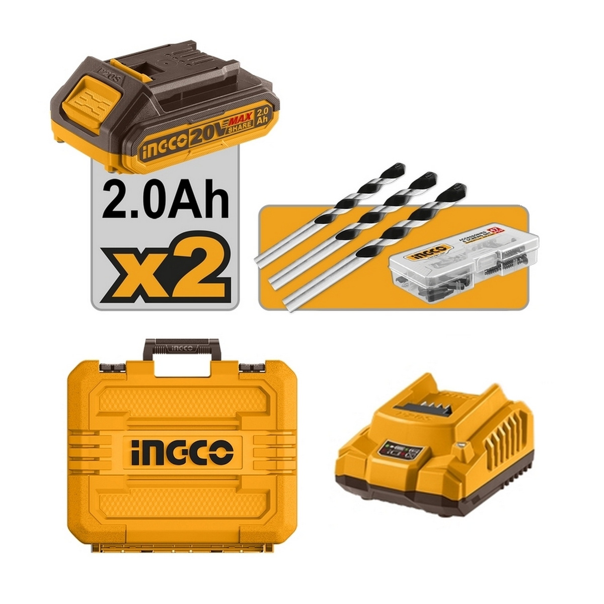 INGCO CIDLI20558 สว่านกระแทกไร้สาย 1/2" 55Nm 20V แบตx2