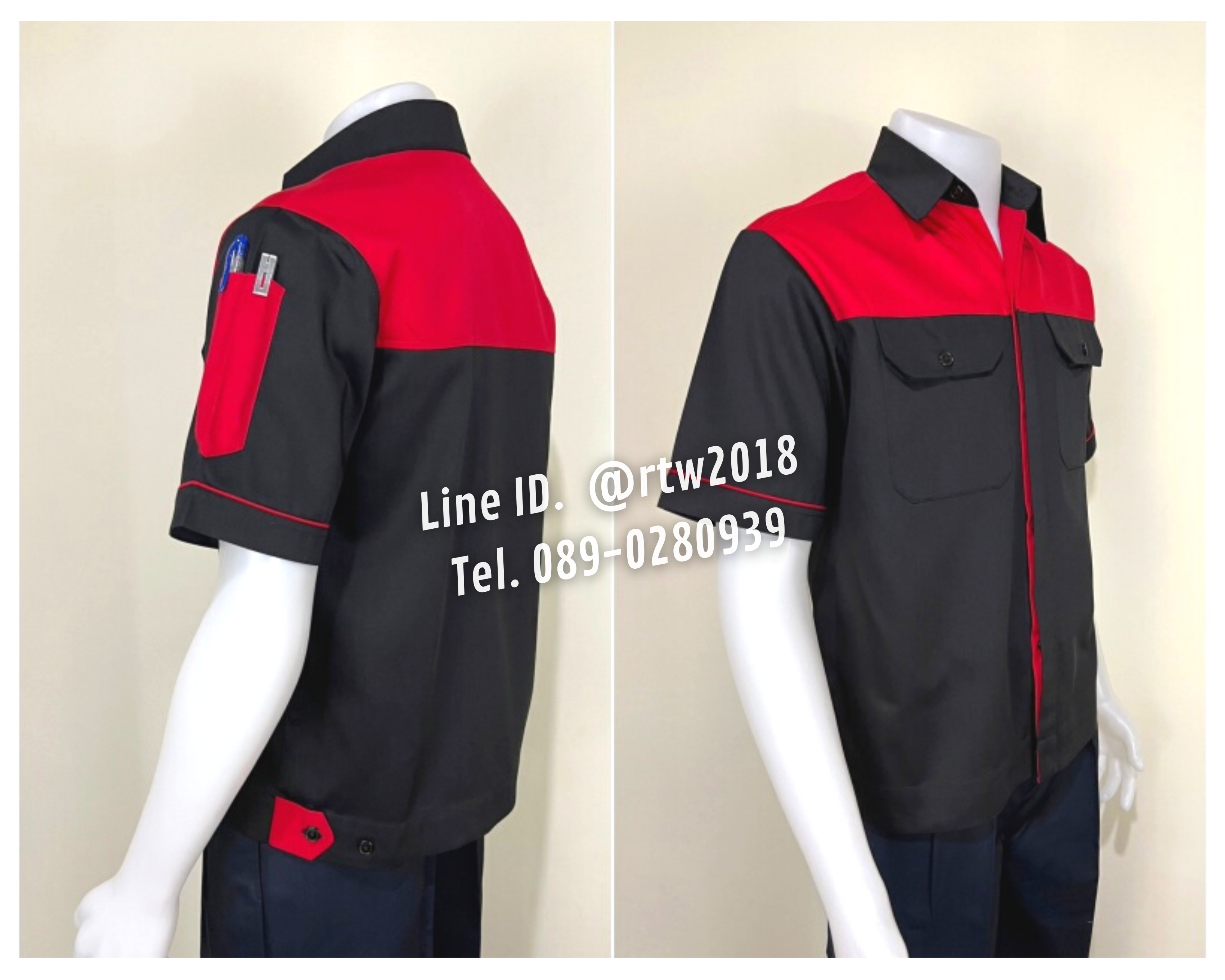 รหัส A10.7 : เสื้อช่างแขนสั้นผ้าคอมทวิวสีดำอกแดง (ซ่อนสาบ)