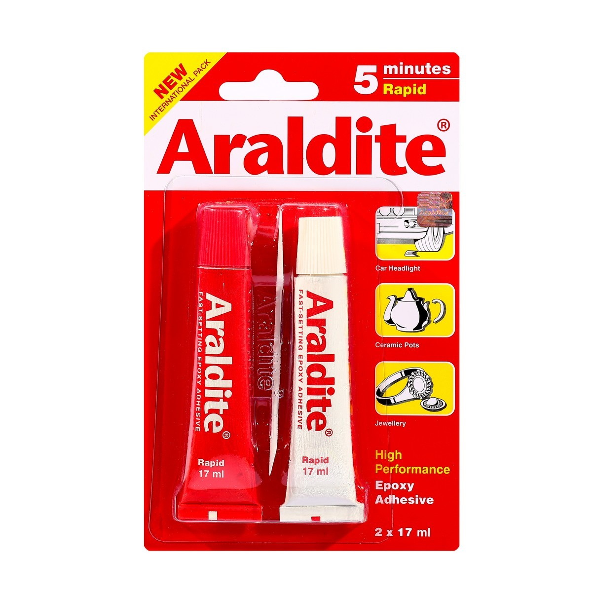 ARALDITE กาวอีพอกซ์ซี่สีใส แบบผสม 2 หลอด 2x17ml (แพ็คสีแดง) แห้งเร็ว 5 นาที