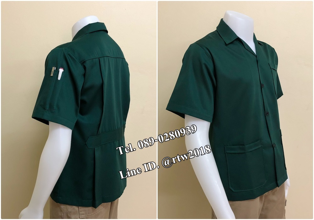 เสื้อช่างแขนสั้นแบบสามกระเป๋าสีเขียวล้วน (รหัส A84)