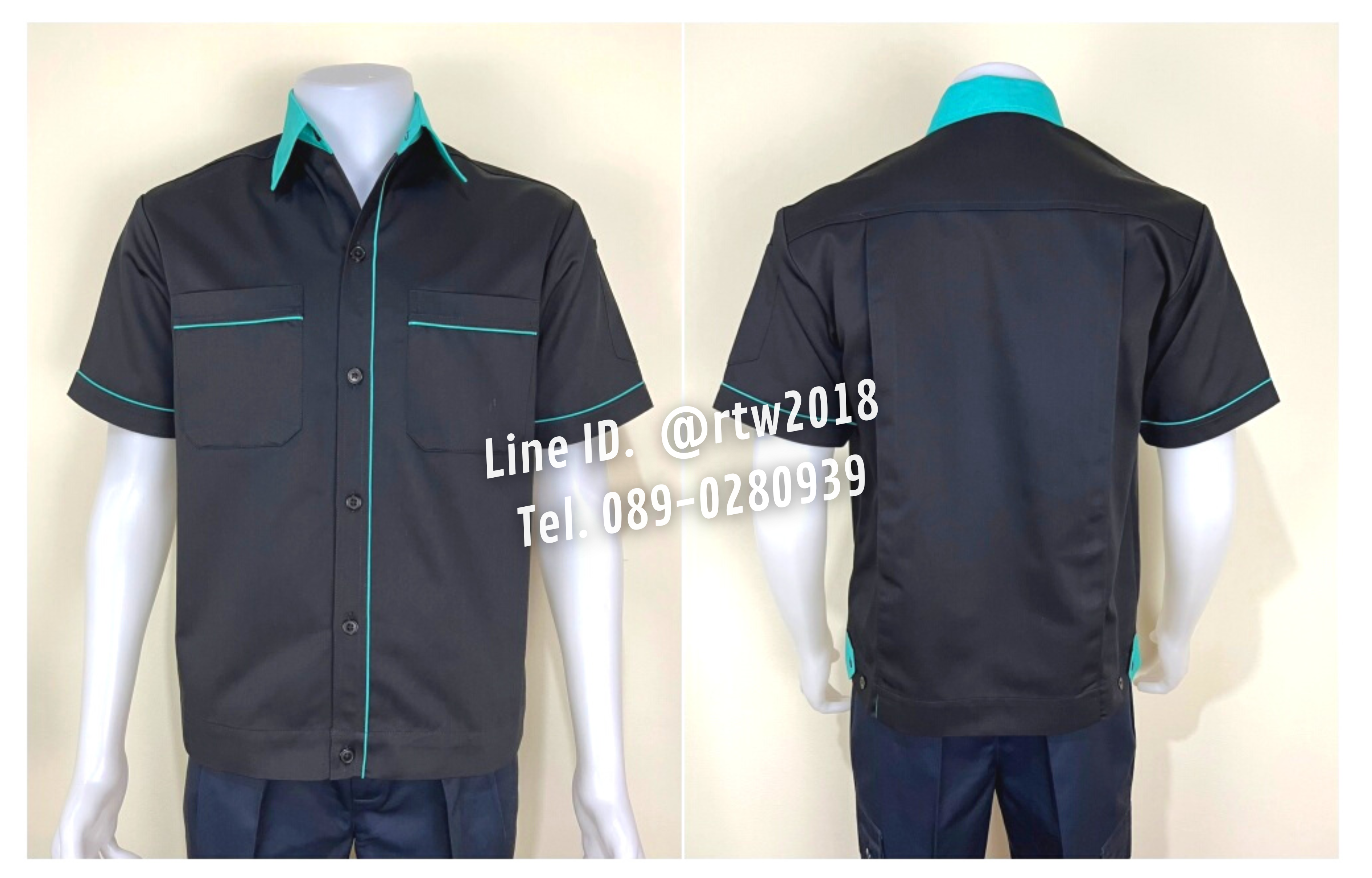 รหัส A7.6 : เสื้อช่างแขนสั้นผ้าคอมทวิวสีดำกุ้นเขียวมิ้น