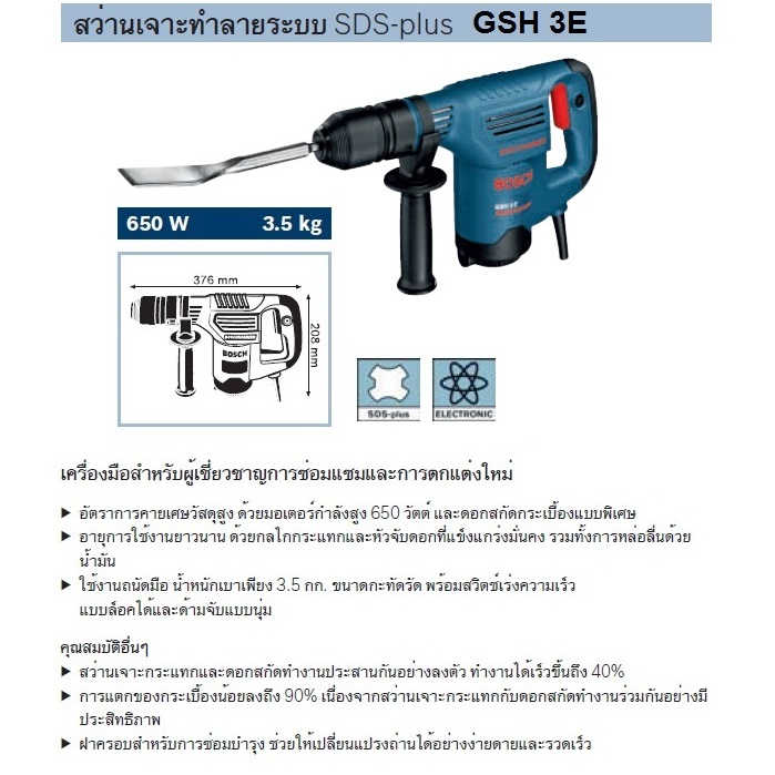 BOSCH GSH 3E สกัดไฟฟ้า 650W SDS-Plus 3.5kg