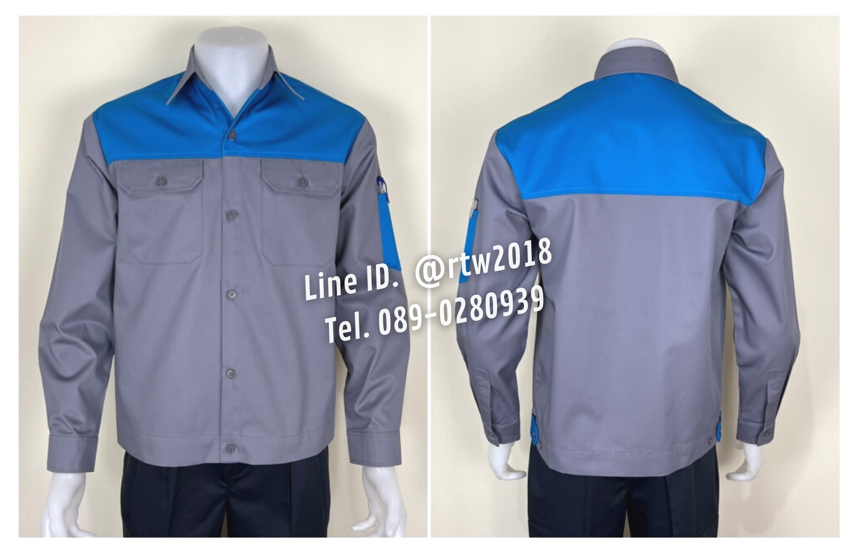รหัส AB14.5 : เสื้อช่างแขนยาวผ้าคอมทวิวสีเทาอกฟ้าเข้ม