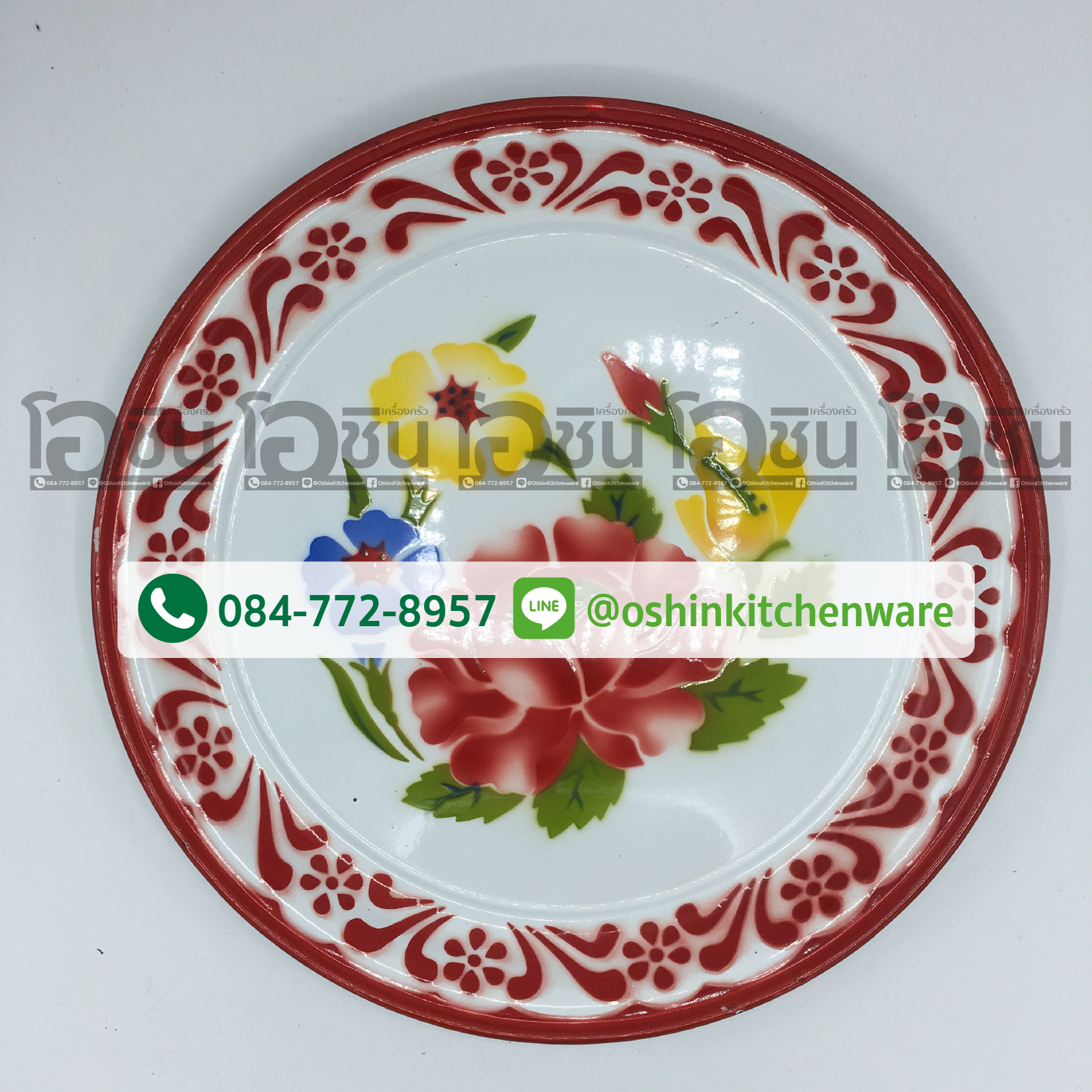ถาดเคลือบลายดอก สีเเดง 35 ซม. ตรากระต่าย