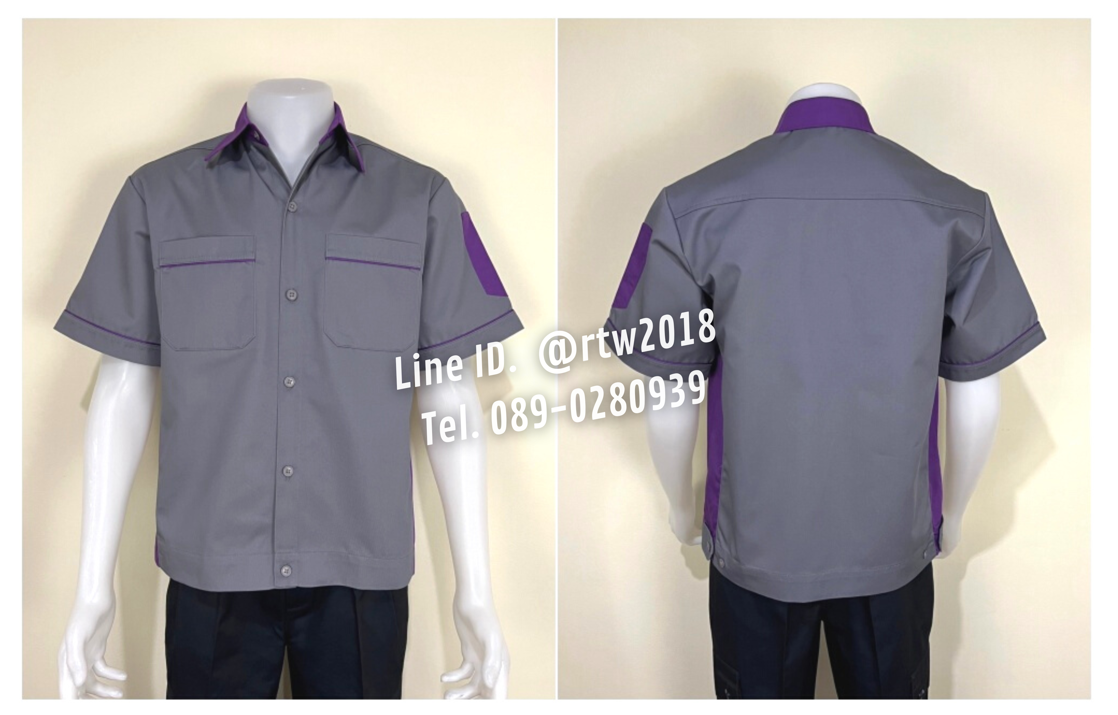 รหัส A11.1 : เสื้อช่างแขนสั้นผ้าคอมทวิวสีเทาข้างม่วง