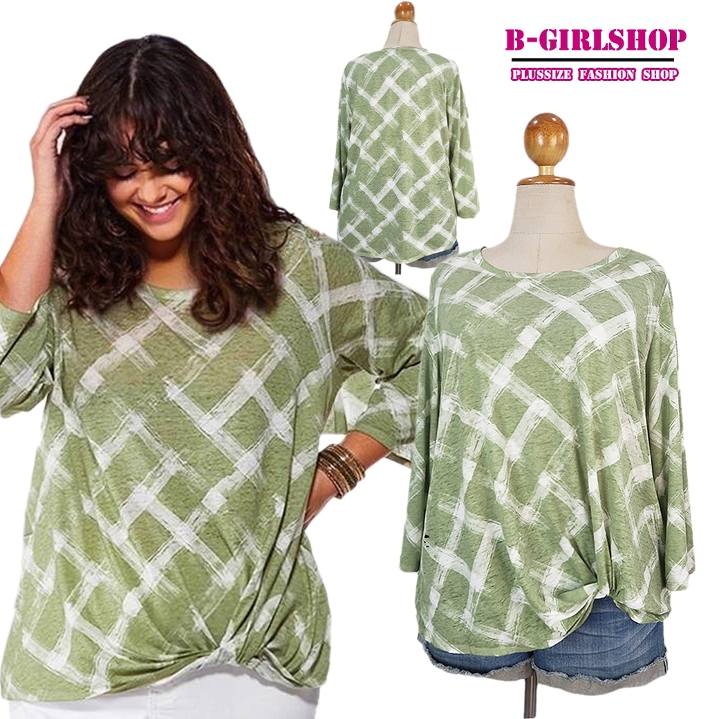 Ha5249-2 *แบรนด์นอก Cato* ไซส์ 18/20 เสื้อยืดสาวอวบสีขาวทรงแขน 5 ส่วน ลายสก็อตแต่งชายบิดไขว้เก่ๆ แต่งขาดนิดๆ ตรงคอ แขน และชาย พอเก๋ รอบอก 50 ยืด 56 วงแขน 23 - 27 ชาย 52 ยืด 58 ยาว 29 นิ้ว