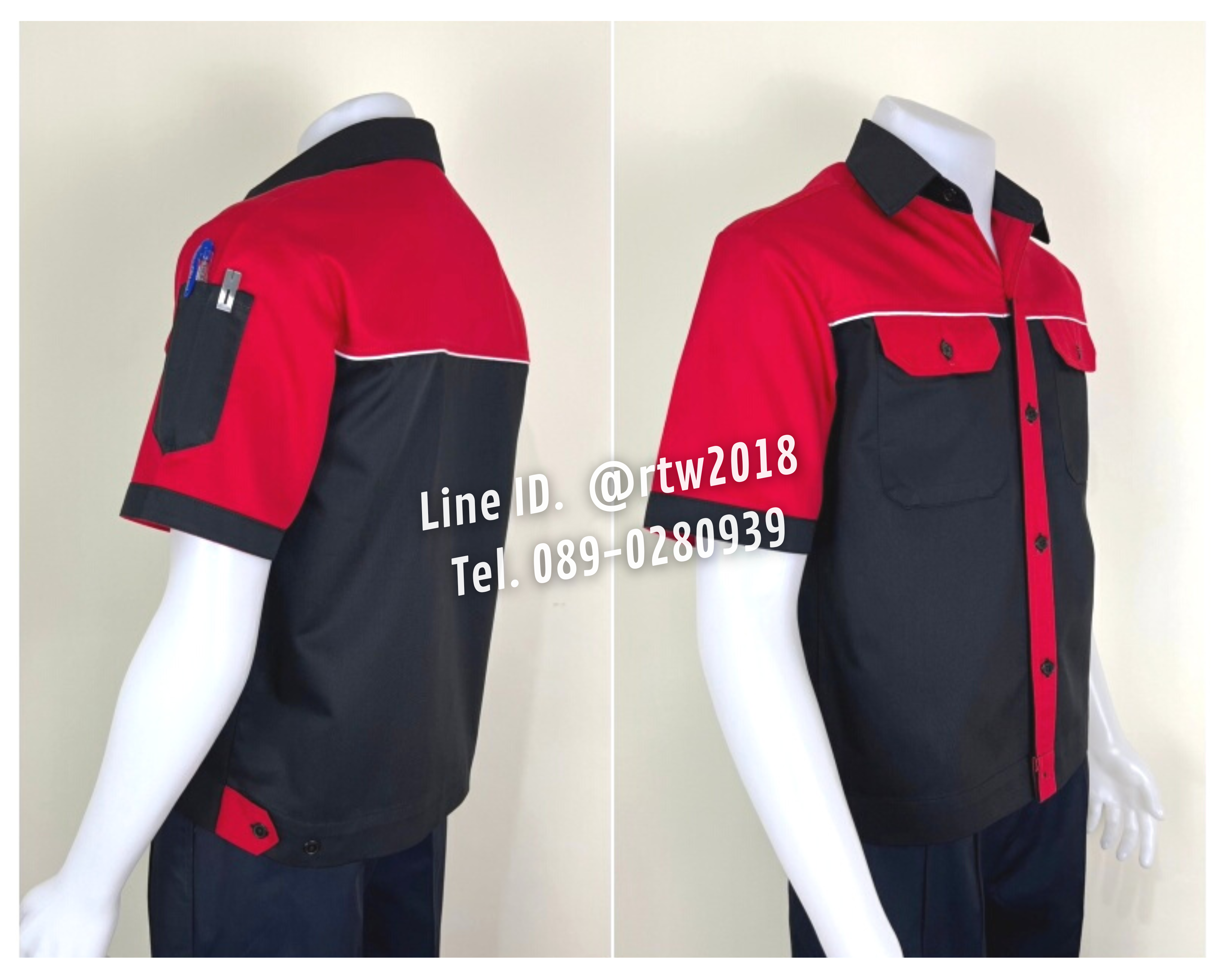 รหัส A27.3 : เสื้อช่างแขนสั้นผ้าคอมทวิวสีดำอก+แขนแดง (กุ้นขาว)