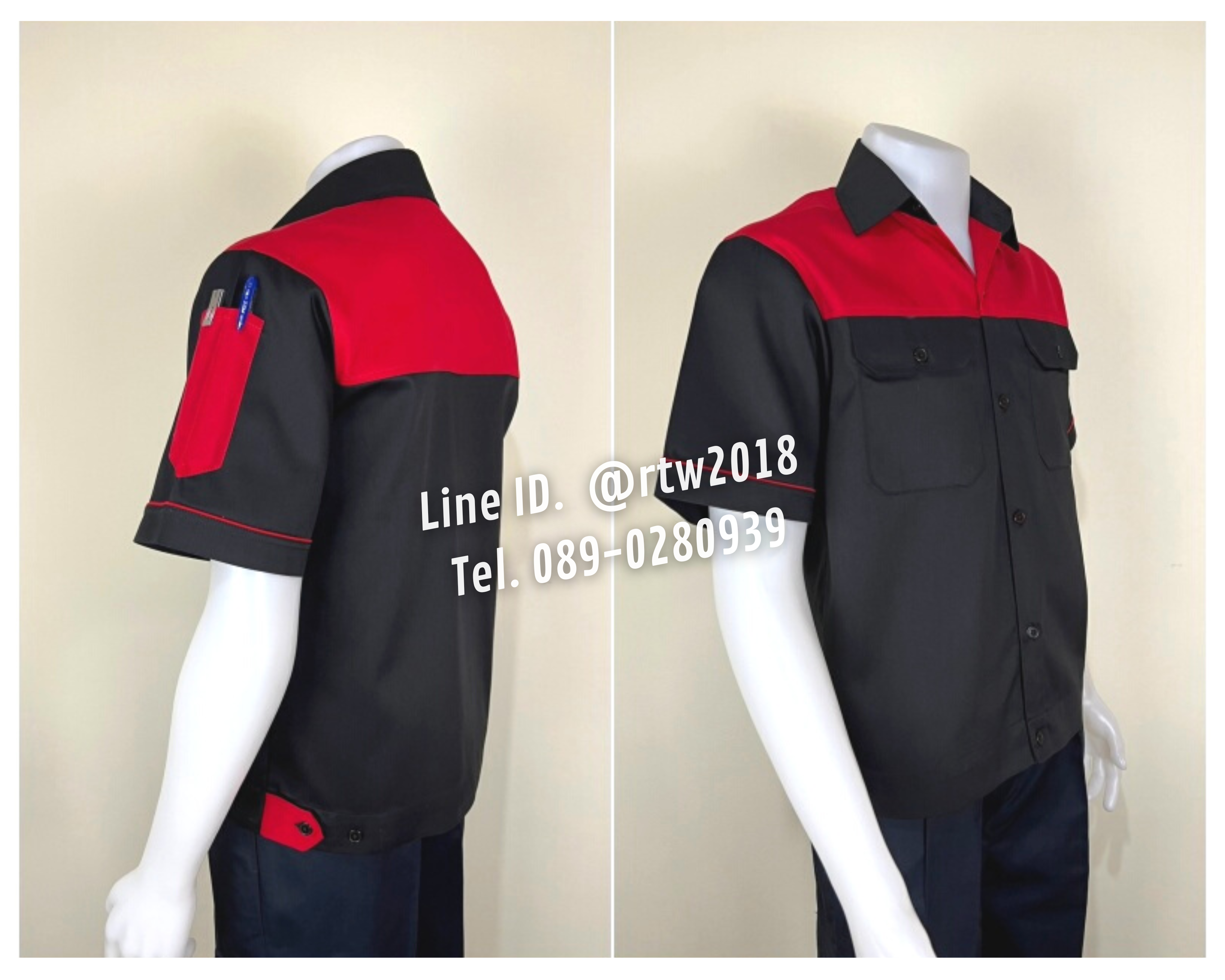 รหัส A24.6 : เสื้อช่างแขนสั้นผ้าคอมทวิวดำอกแดง