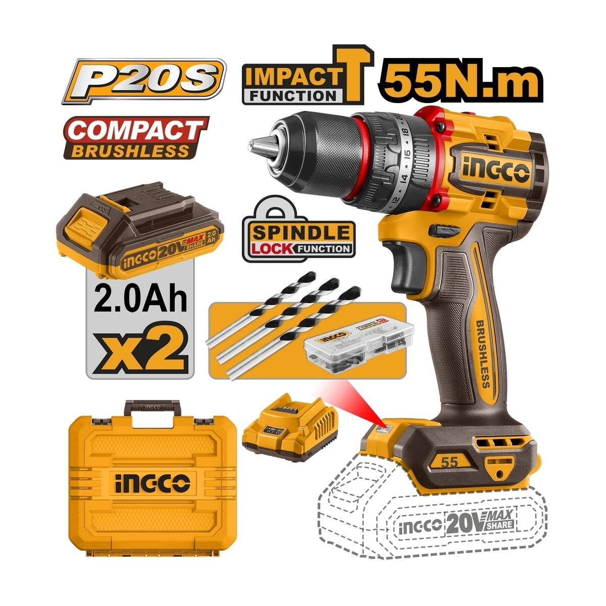 INGCO CIDLI20558 สว่านกระแทกไร้สาย 1/2" 55Nm 20V แบตx2