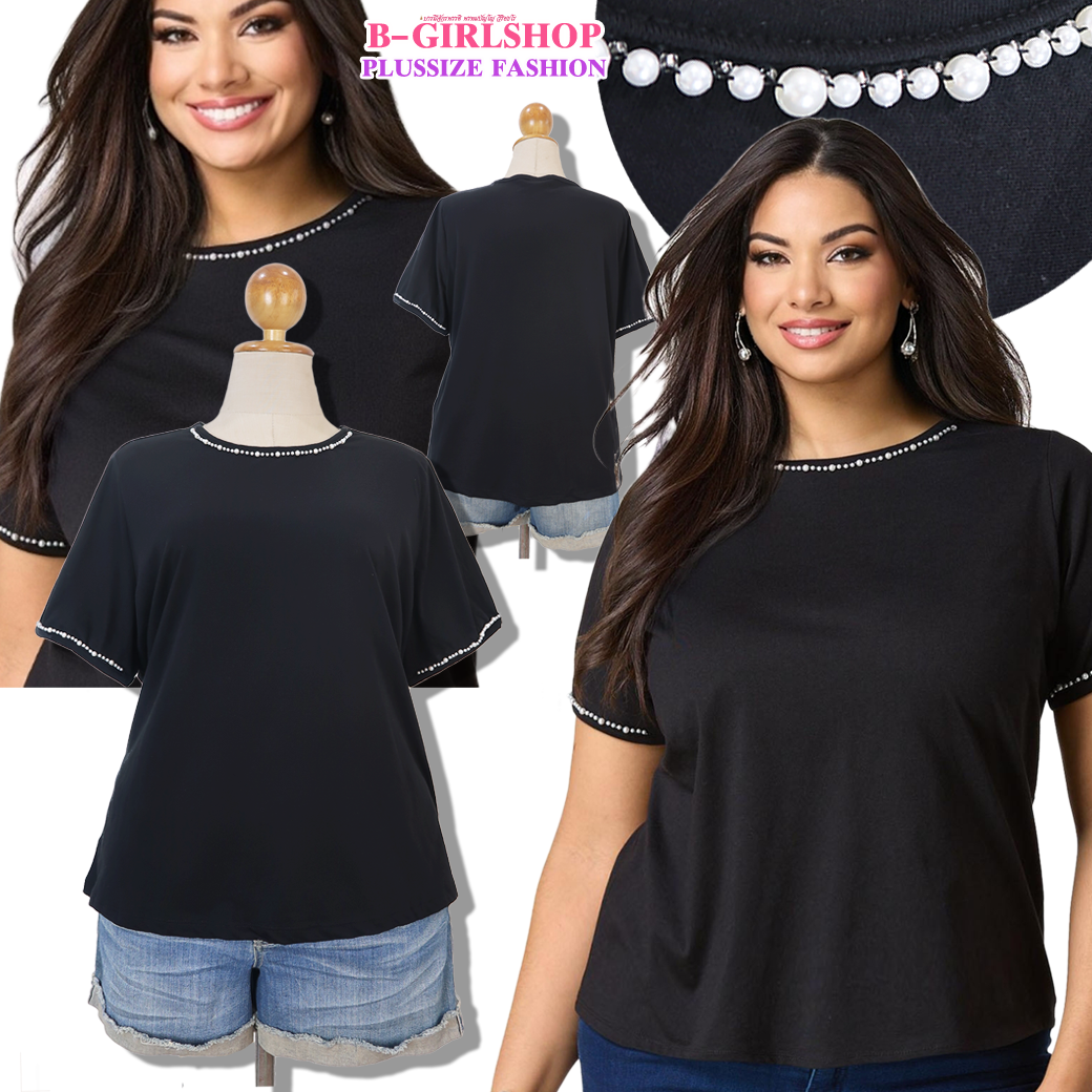 Ha6281 *แบรนด์นอก Cato* ไซส์ 22/24 เสื้อยืดสีดำปักมุกคอ และปลายแขน งานสวยมาก มุกสวยดูดีเพิ่มดีเทลเก๋ รอบอก 52 ยืด 56 วงแขน 24 - 27 ชาย 56 - 60 ยาว 27 นิ้ว