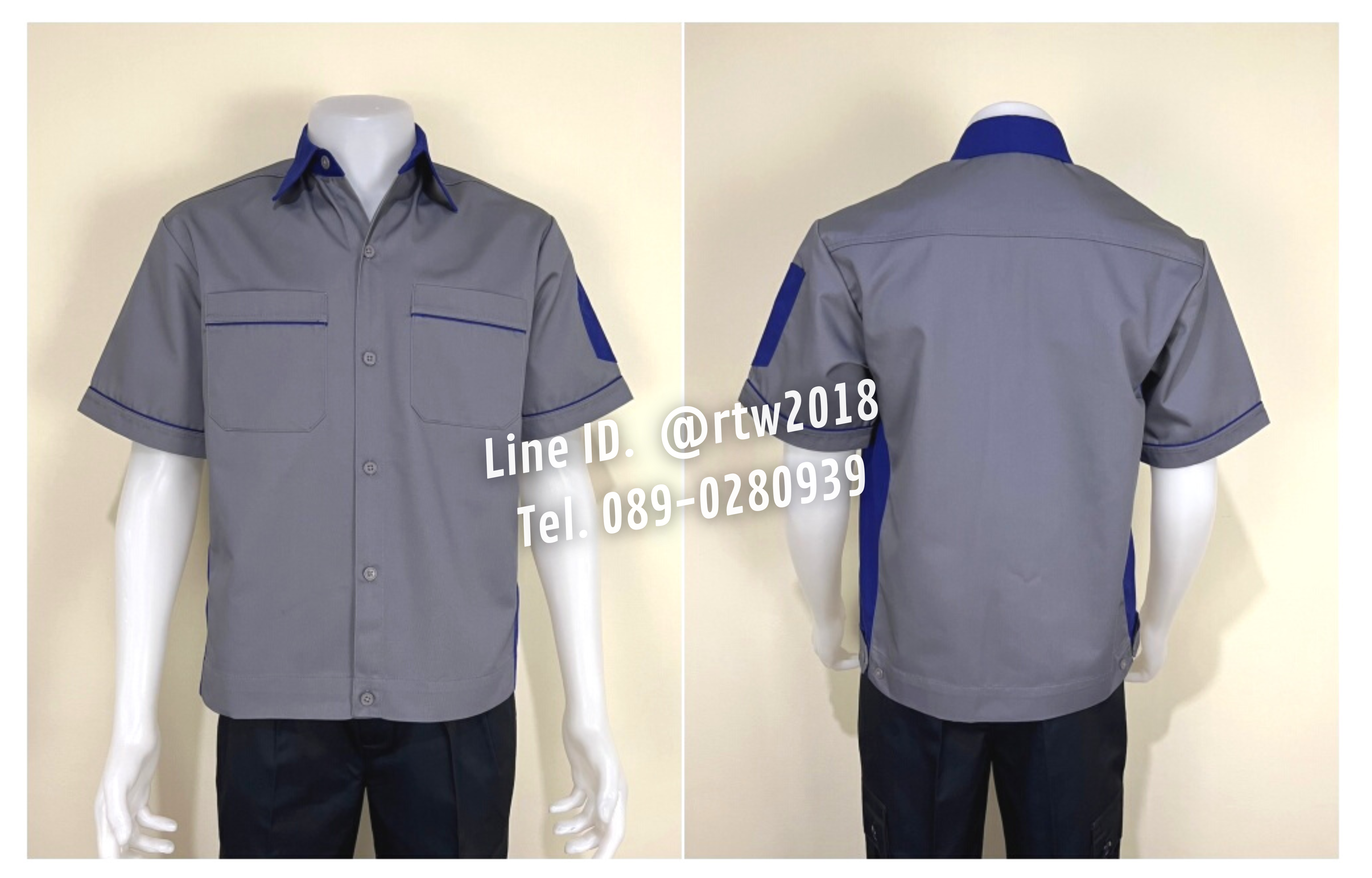 รหัส A11.4 : เสื้อช่างแขนสั้นผ้าคอมทวิวสีเทาข้างน้ำเงิน