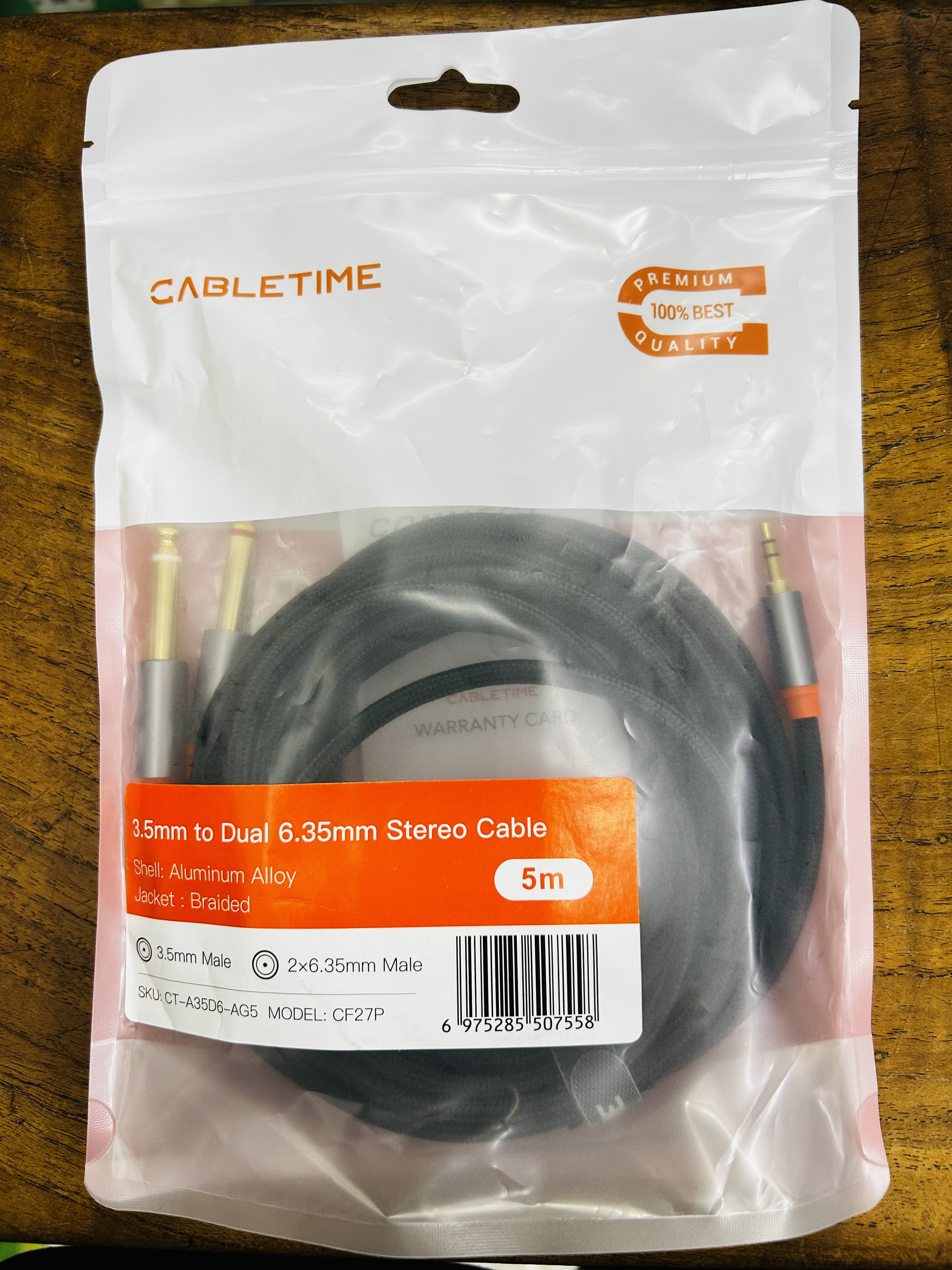 CABLETIME CF27P 3.5mm to Dual 6.35mm Stereo Cable 5m.