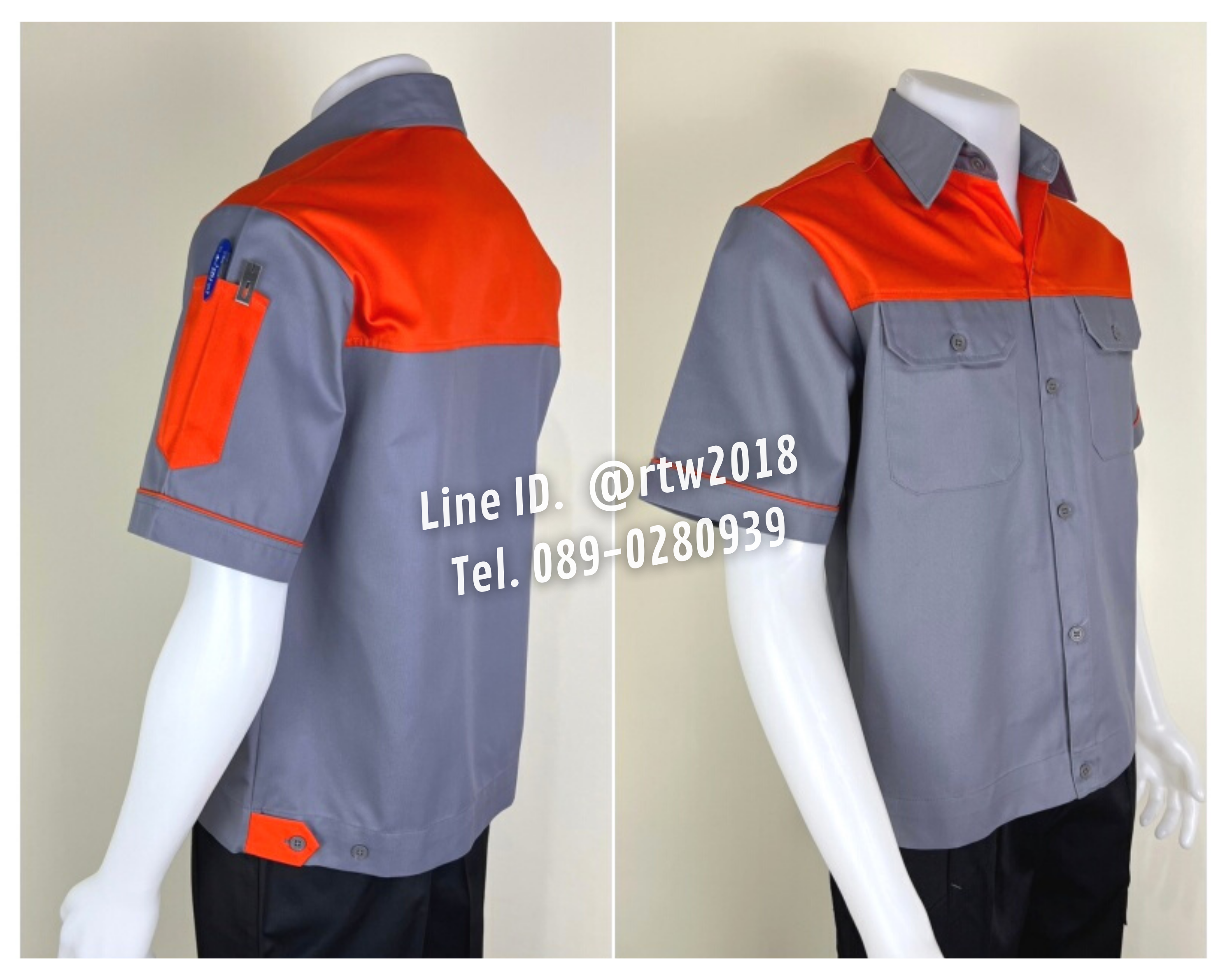 รหัส A22.5 : เสื้อช่างแขนสั้นผ้าคอมทวิวเทาอกส้ม