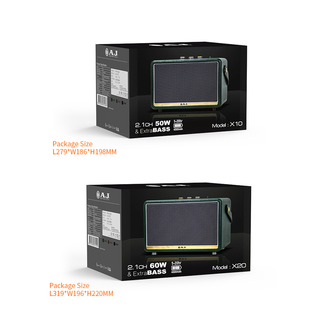 AJ ลำโพงบลูทูธ รุ่น X20 กำลังขับ 60W RMS ระบบเสียง 2.1 เบสหนัก เสียงนุ่มลึก ดีไซน์สวย คลาสสิค รับประกัน 1 ปี