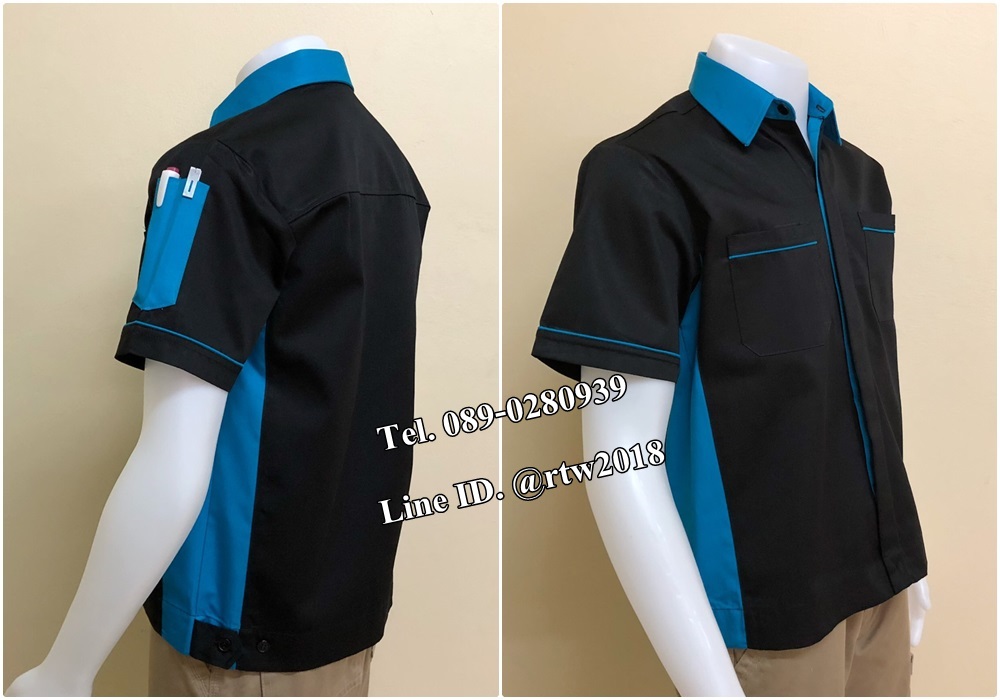 เสื้อช่างแขนสั้นแบบดำข้างฟ้ากระดุมซ่อนสาบ (รหัส A86)