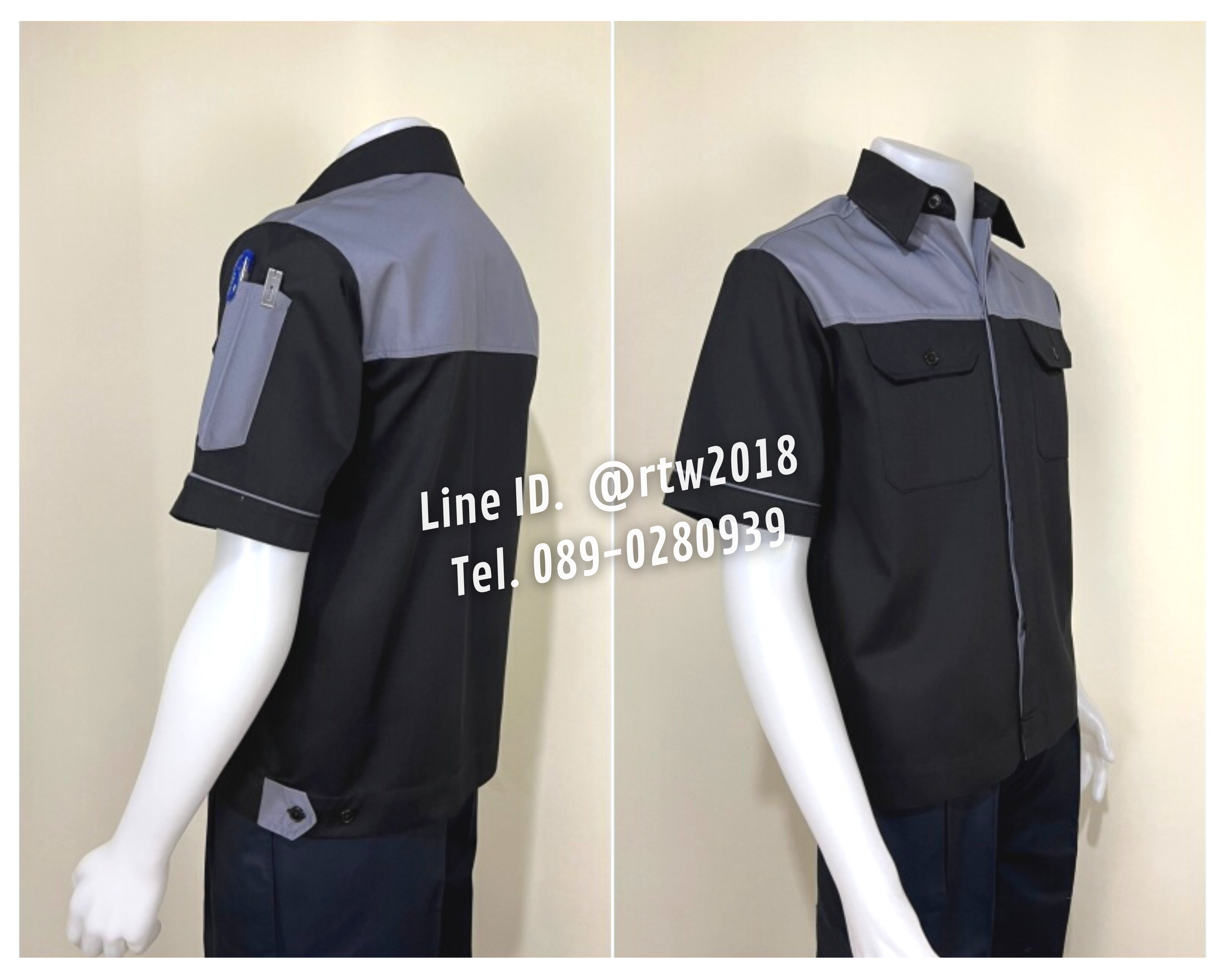 รหัส A10.9 : เสื้อช่างแขนสั้นผ้าคอมทวิวสีดำอกเทา (ซ่อนสาบ)