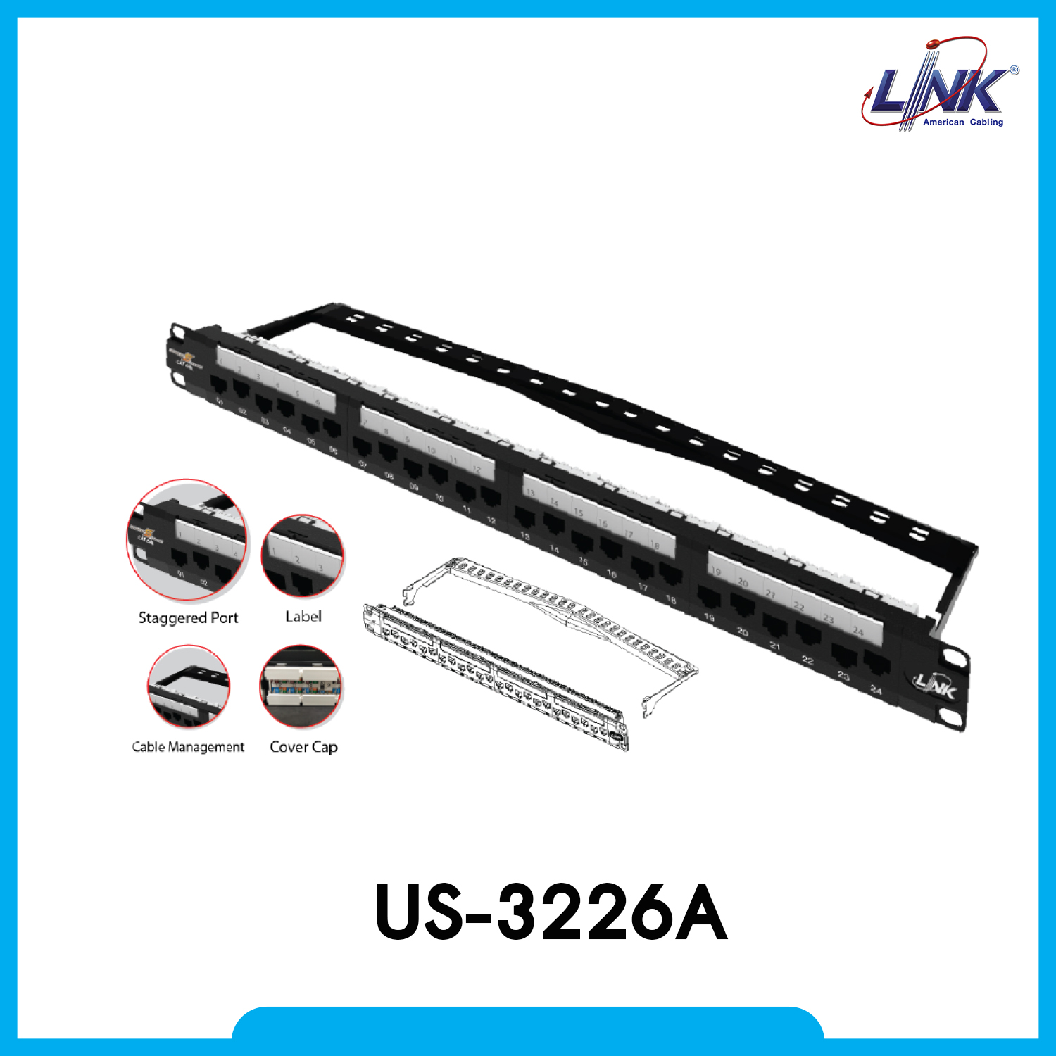 US-3226A CAT 6A UTP PATCH PANEL 24 Port w / Cable Management