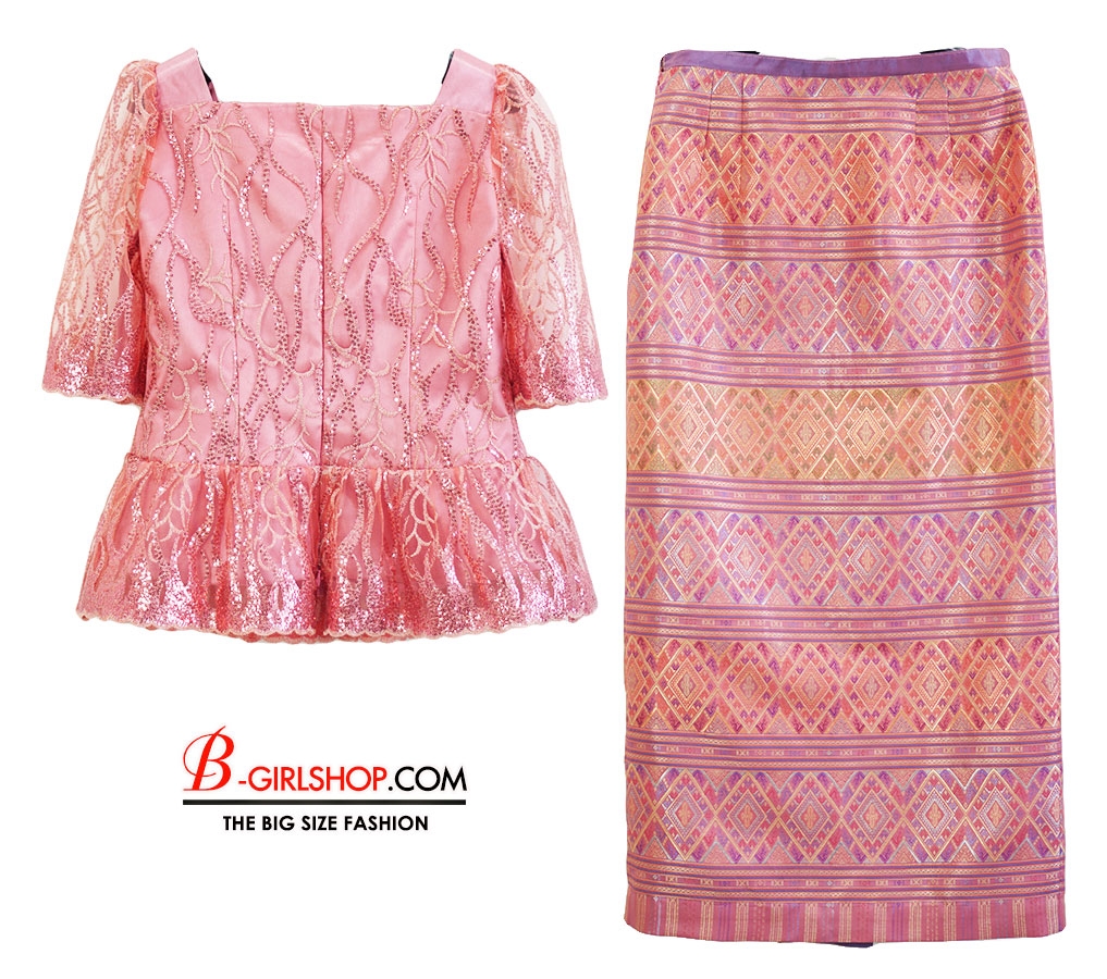 BG1004 งานผลิตเอง เกรดพรีเมี่ยม งานชุดไทย ผ้าถุงสำเร็จผ้าไหมเทียมลายสวย เสื้อลูกไม้ปักเลื่อมนอก รอบอก 42 วงแขน 18 รอบเอว 36 สะโพก 46 กป.ยาว 39 นิ้ว