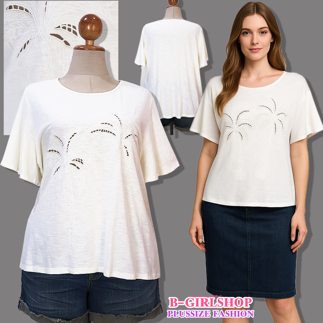 Ha6673-2 *แบรนด์นอก George* เสื้อยืดสาวอวบผ้าคอตตอน 100% เนื้อดี สีครีมปักฉลุลายเต็มหน้าอกงานสวย แขนระบายพริ้วเล็กน้อย รอบอก 58 ยืด 62 วงแขน 25 - 29 ชาย 62 - 68 ยาว 26 นิ้ว