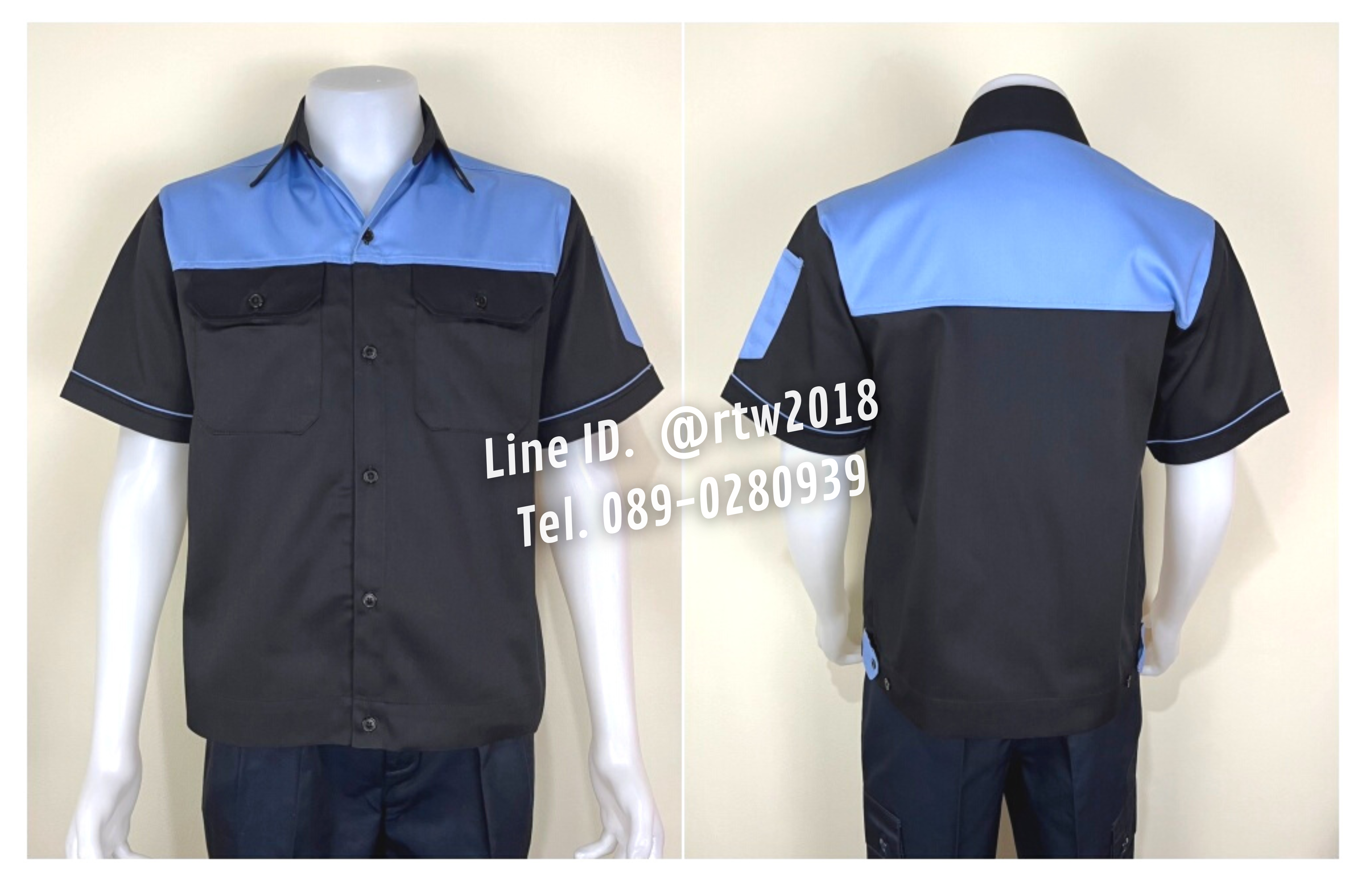 รหัส A24.2 : เสื้อช่างแขนสั้นผ้าคอมทวิวดำอกฟ้า