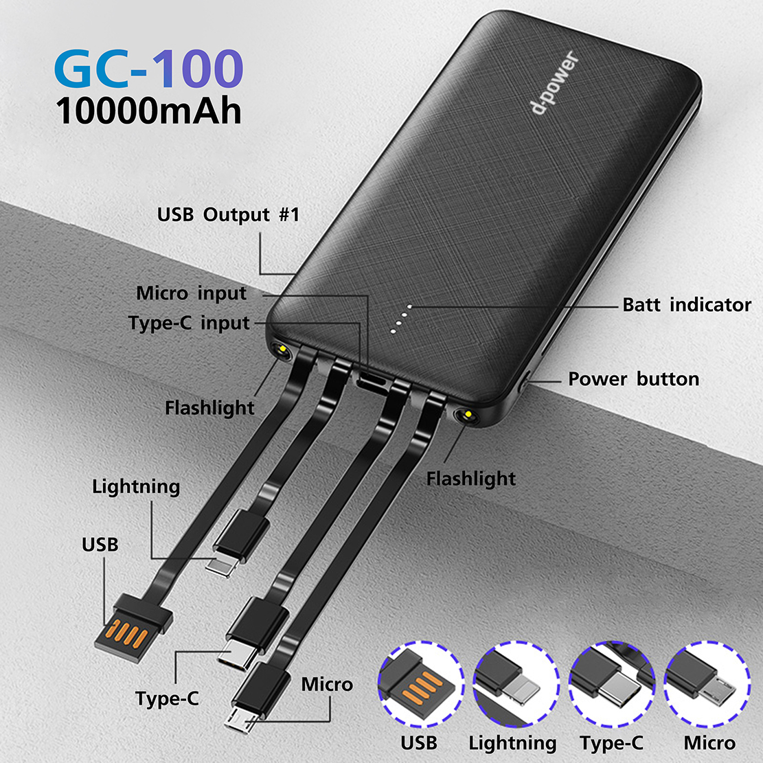 d-power GC100 พาวเวอร์เเบงค์ 4in1 พร้อมสายชาร์จในตัว รองรับชาร์จเร็ว 10วัตต์ ความจุ 20000mAh (มอก.2879-2560) ประกัน 1 ปี