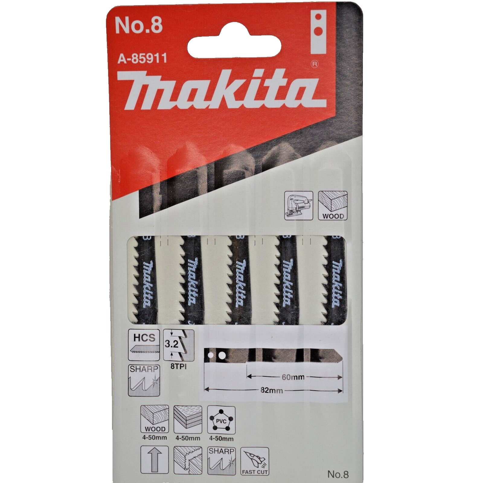 MAKITA A-85911 ใบเลื่อยจิ๊กซอว์ No.8 (5ใบ/แผง)