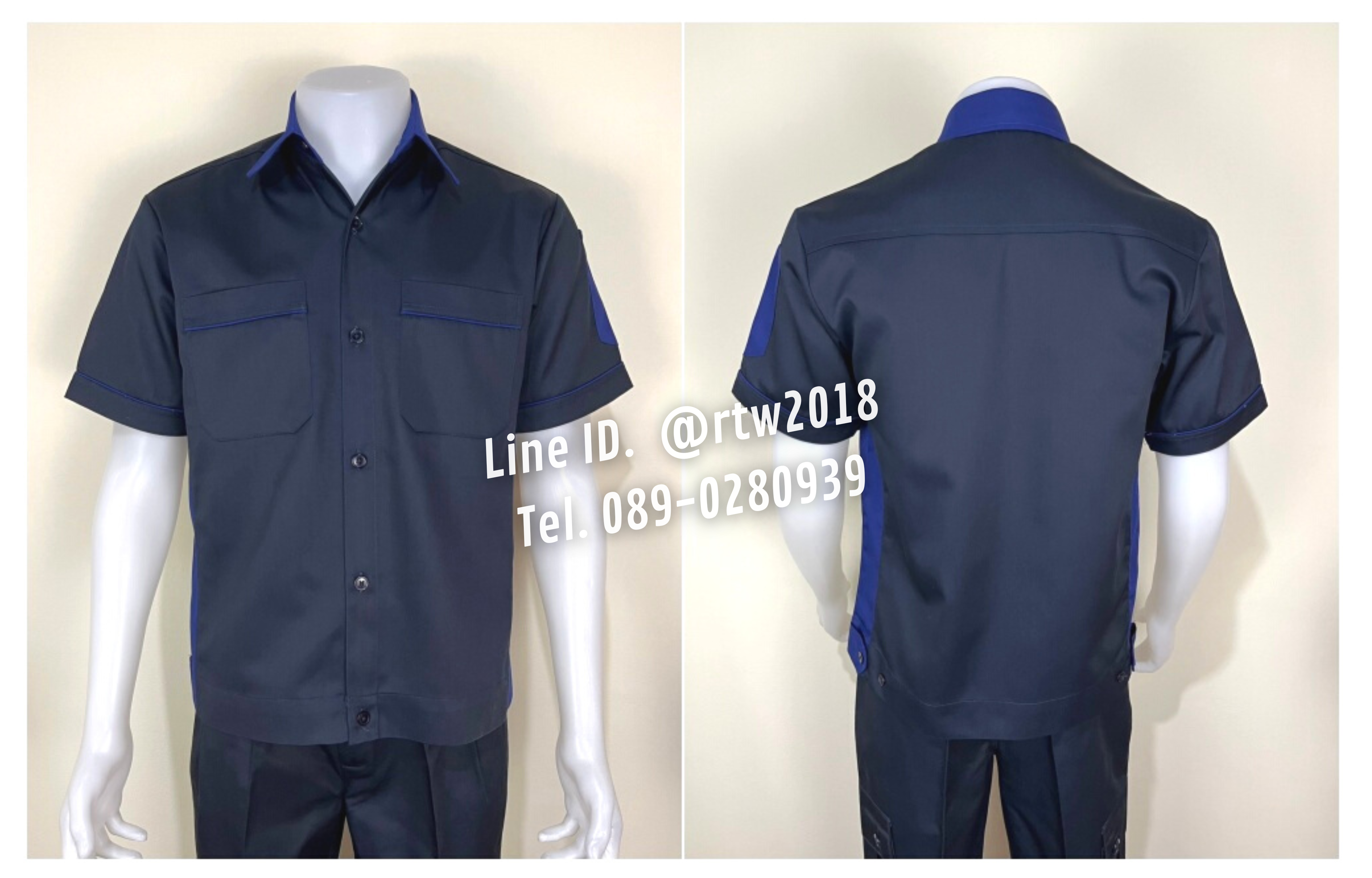รหัส A12.4 : เสื้อช่างแขนสั้นผ้าคอมทวิวสีกรมท่าข้างน้ำเงิน