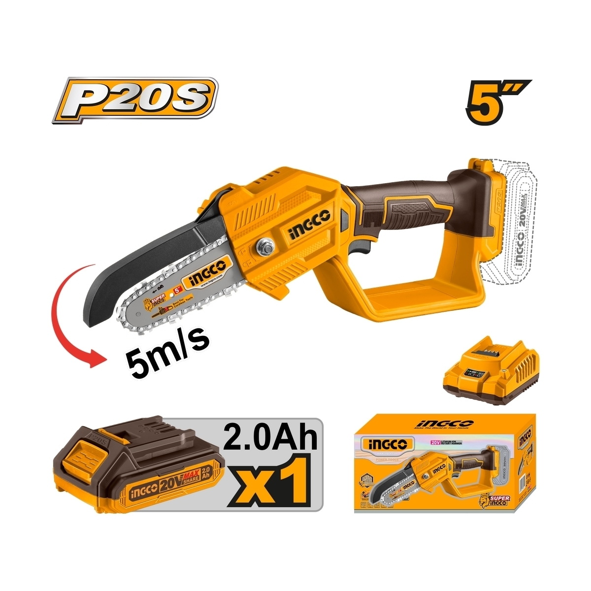 INGCO CGSLI20581 เลื่อยโซ่ไร้สาย 5" 20V แบตx1