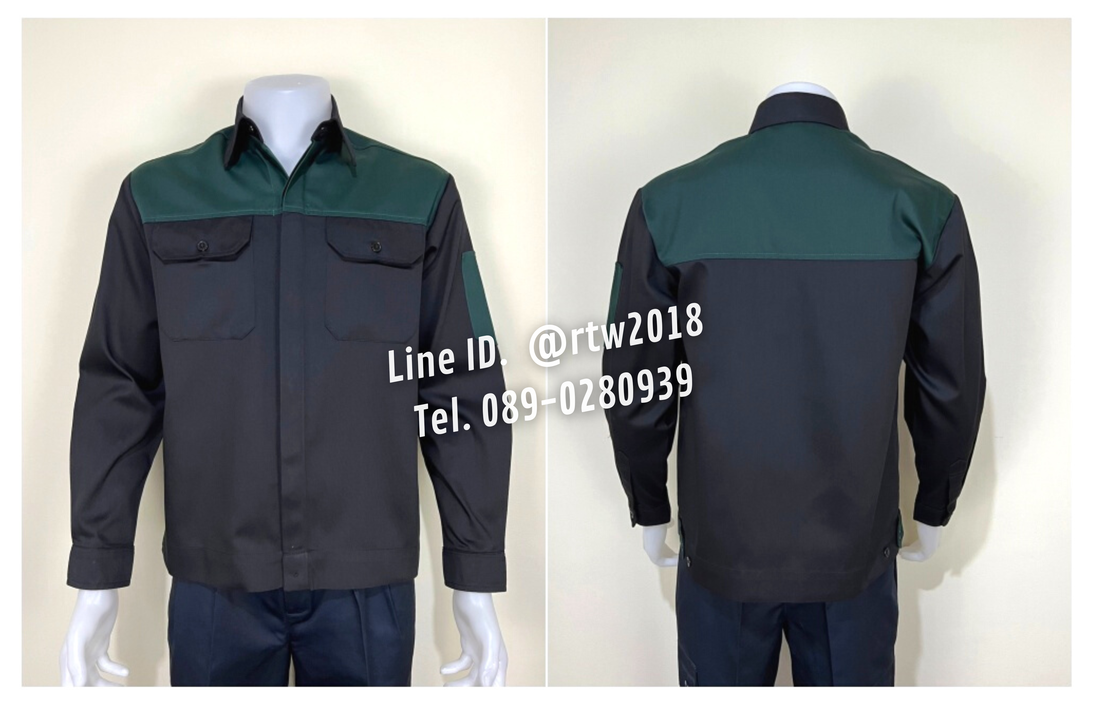 รหัส AB4.6 : เสื้อช่างแขนยาวผ้าคอมทวิวสีดำอกเขียวแก่ (ซ่อนสาบ)